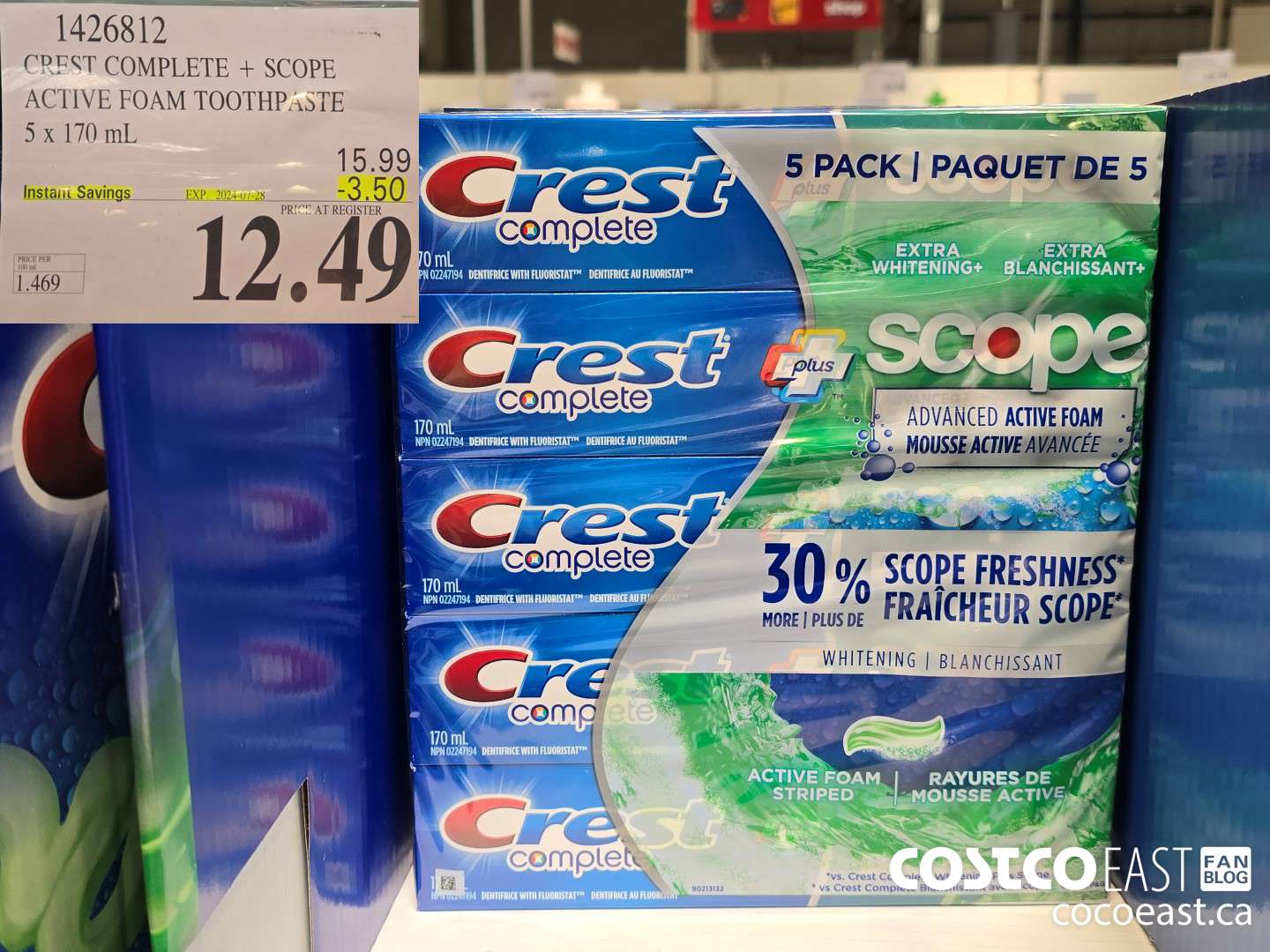 1426812 CREST COMPLETE + SCOPE ACTIVE FOAM TOOTHPASTE 5 X 170 ML ($3.50 INSTANT SAVINGS EXPIRES ON 2024-07-28) $12.49
