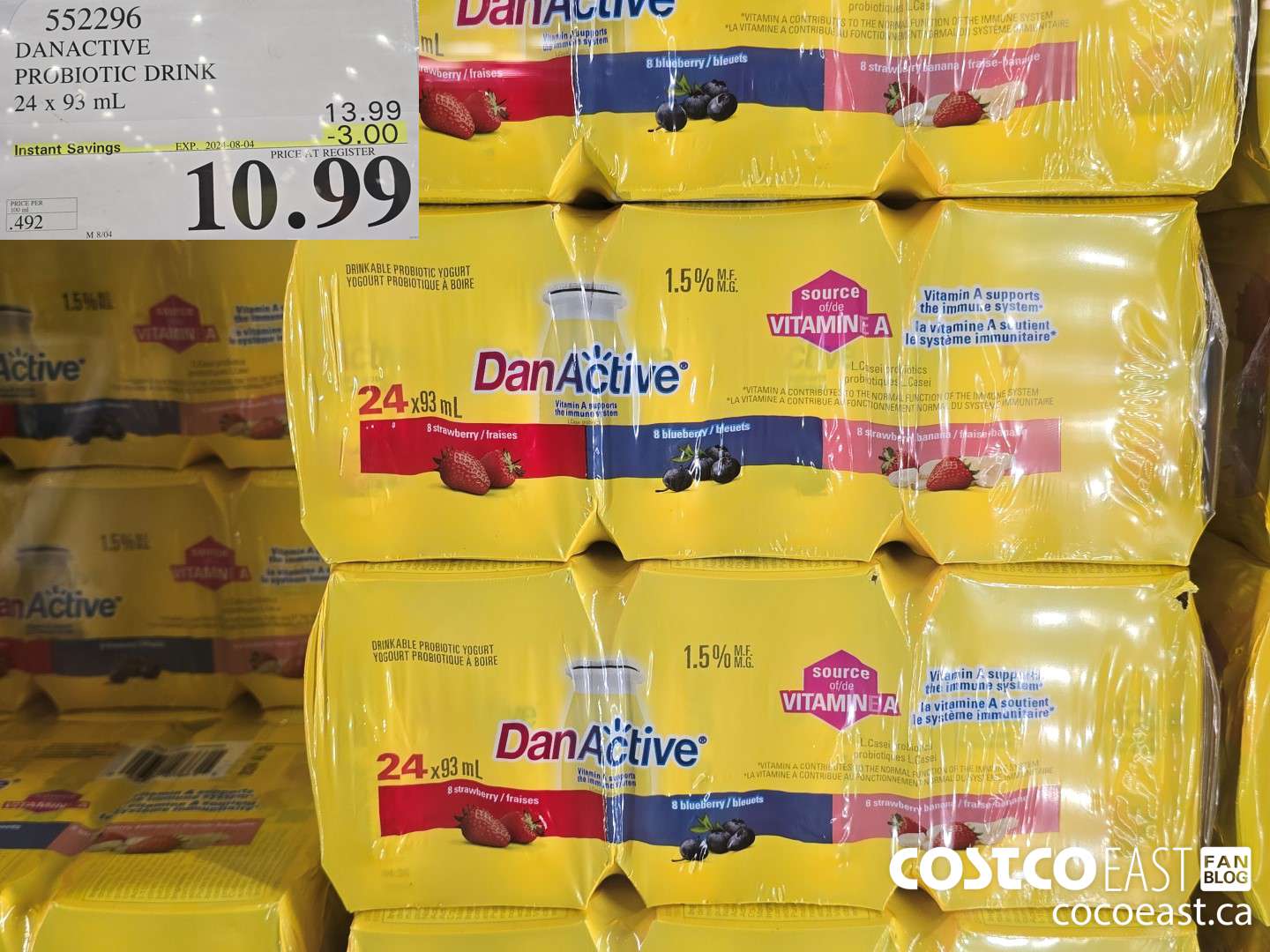 552296 DANACTIVE PROBIOTIC DRINK 24 X 93 ML ($3.00 INSTANT SAVINGS EXPIRES ON 2024-08-04) $10.99