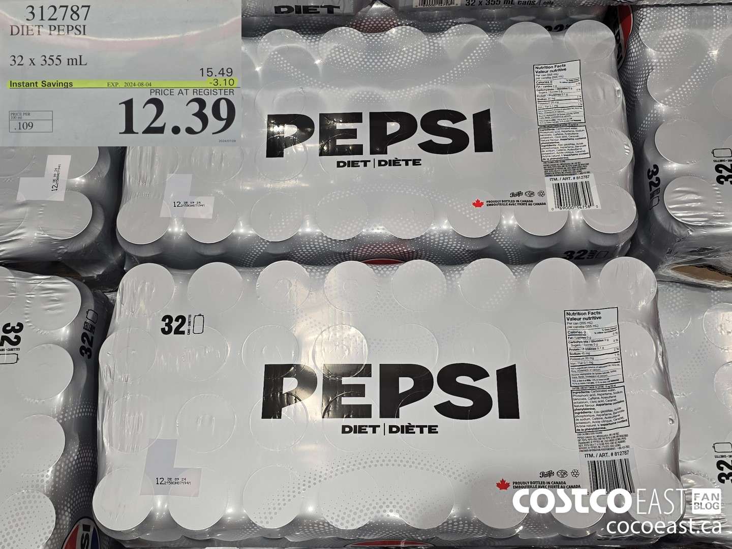 312787 DIET PEPSI 32 X 355 ML ($3.10 INSTANT SAVINGS EXPIRES ON 2024-08-04) $12.39