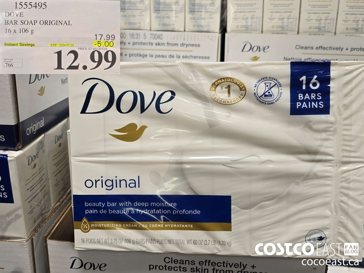 1555495 DOVE BAR SOAP ORIGINAL 16 x 106 g ($5.00 INSTANT SAVINGS EXPIRES ON 2024-07-28) $12.99