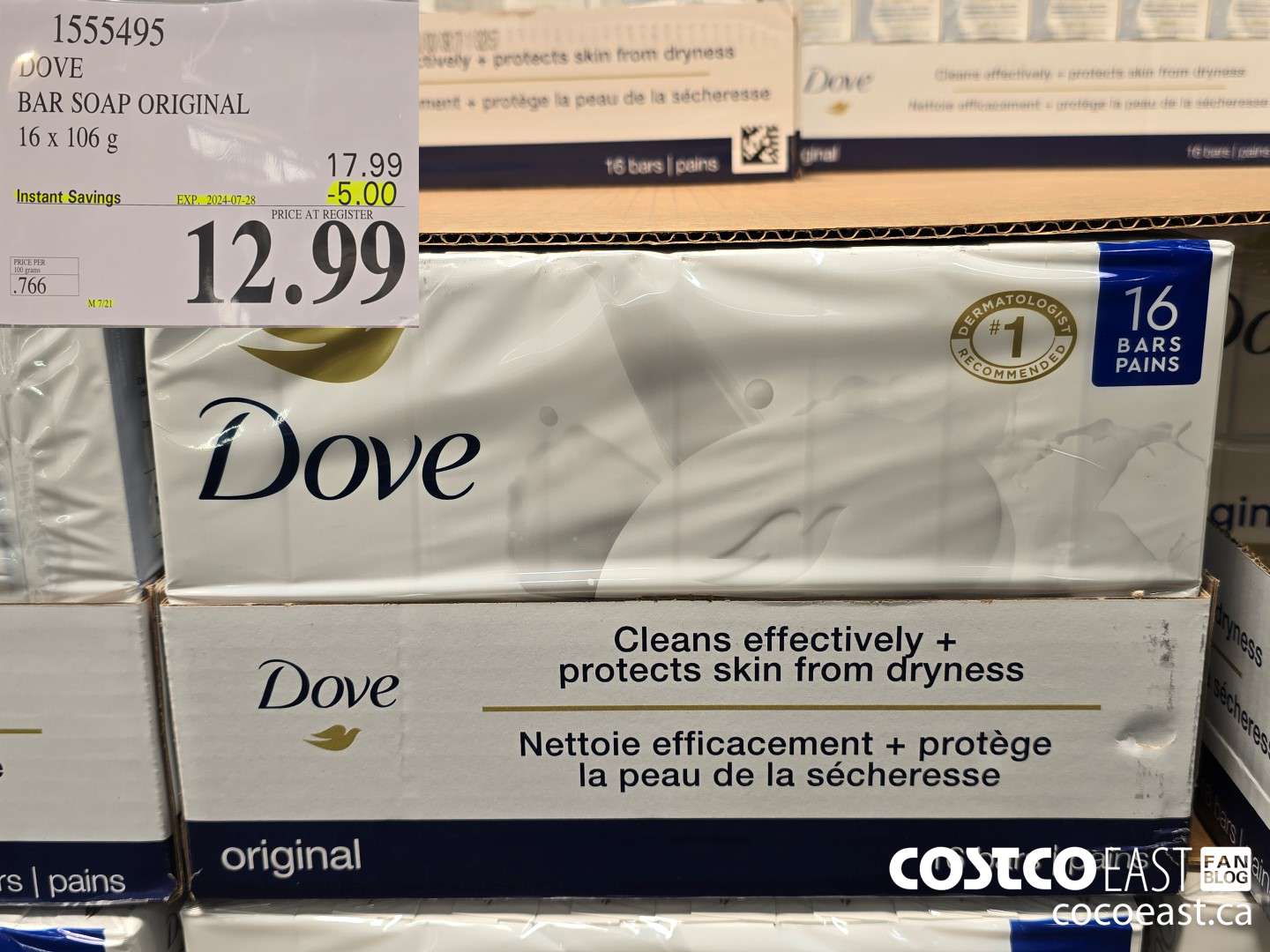 1555495 DOVE BAR SOAP ORIGINAL 16 x 106 g ($5.00 INSTANT SAVINGS EXPIRES ON 2024-07-28) $12.99