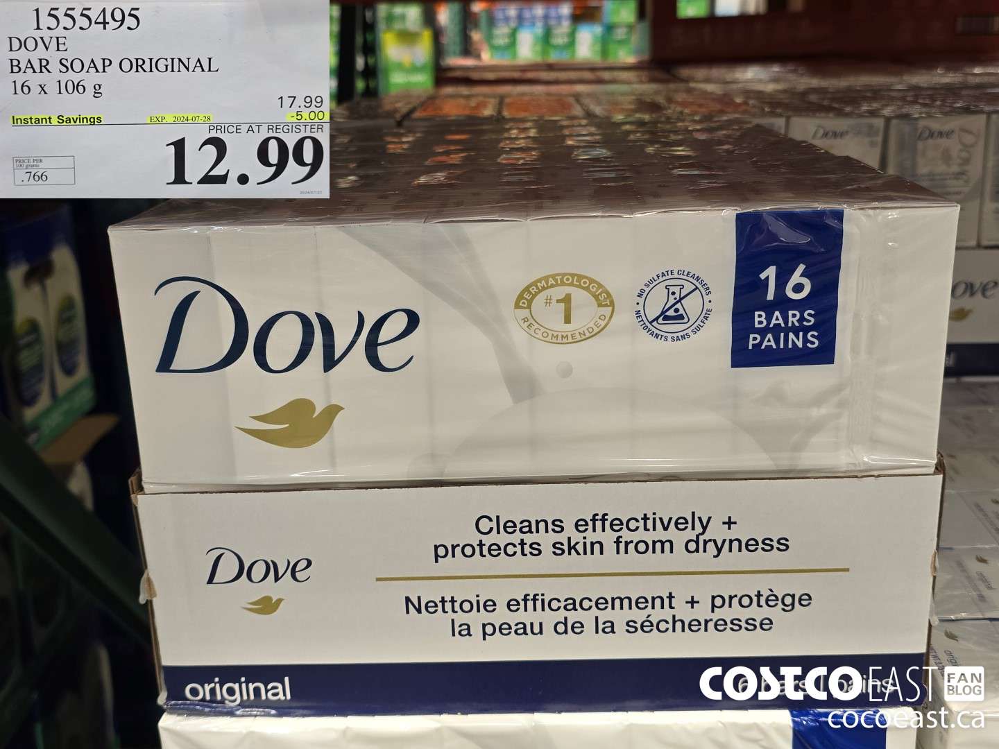 1555495 DOVE BAR SOAP ORIGINAL 16 x 106 g ($5.00 INSTANT SAVINGS EXPIRES ON 2024-07-28) $12.99