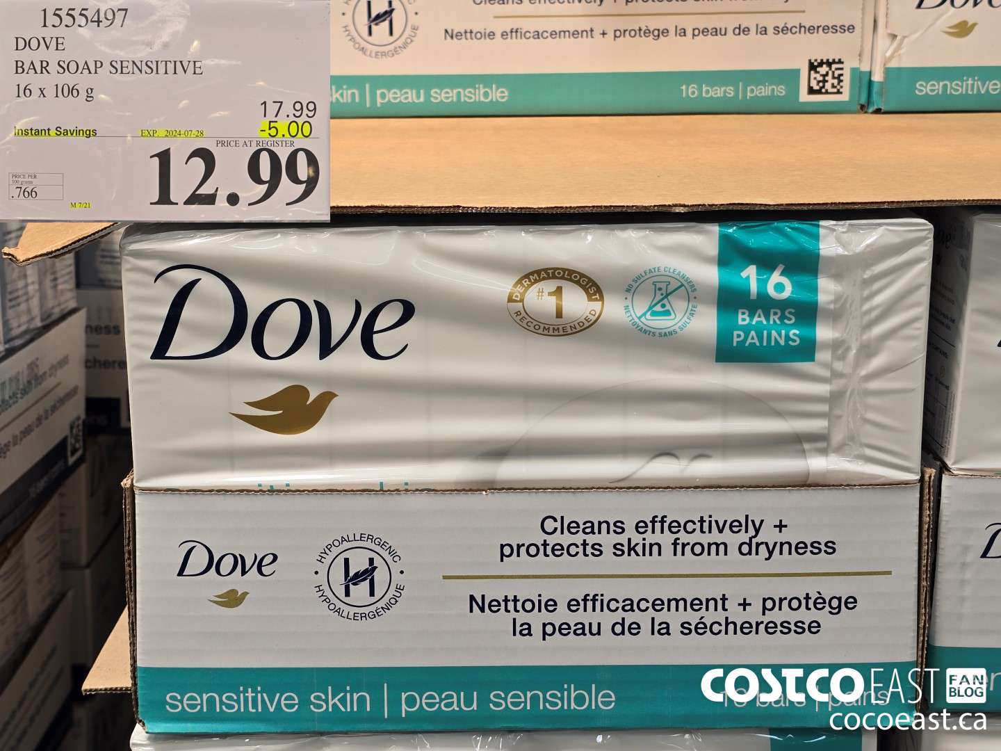 1555497 DOVE BAR SOAP SENSITIVE 16 x 106 g ($5.00 INSTANT SAVINGS EXPIRES ON 2024-07-28) $12.99