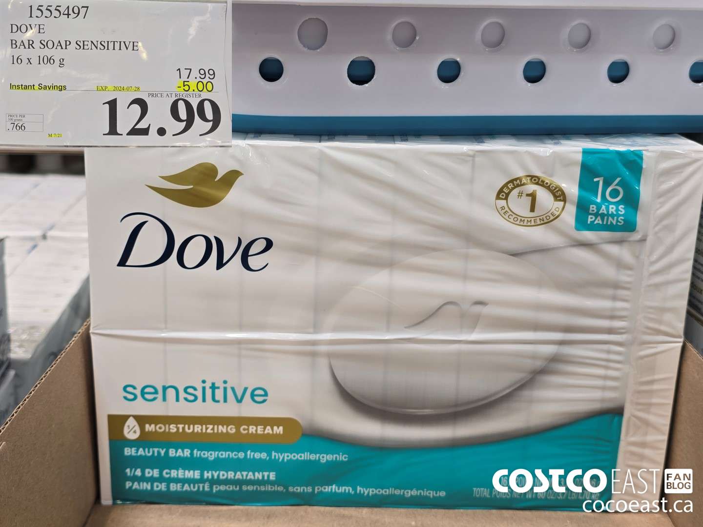 1555497 DOVE BAR SOAP SENSITIVE 16 x 106 g ($5.00 INSTANT SAVINGS EXPIRES ON 2024-07-28) $12.99