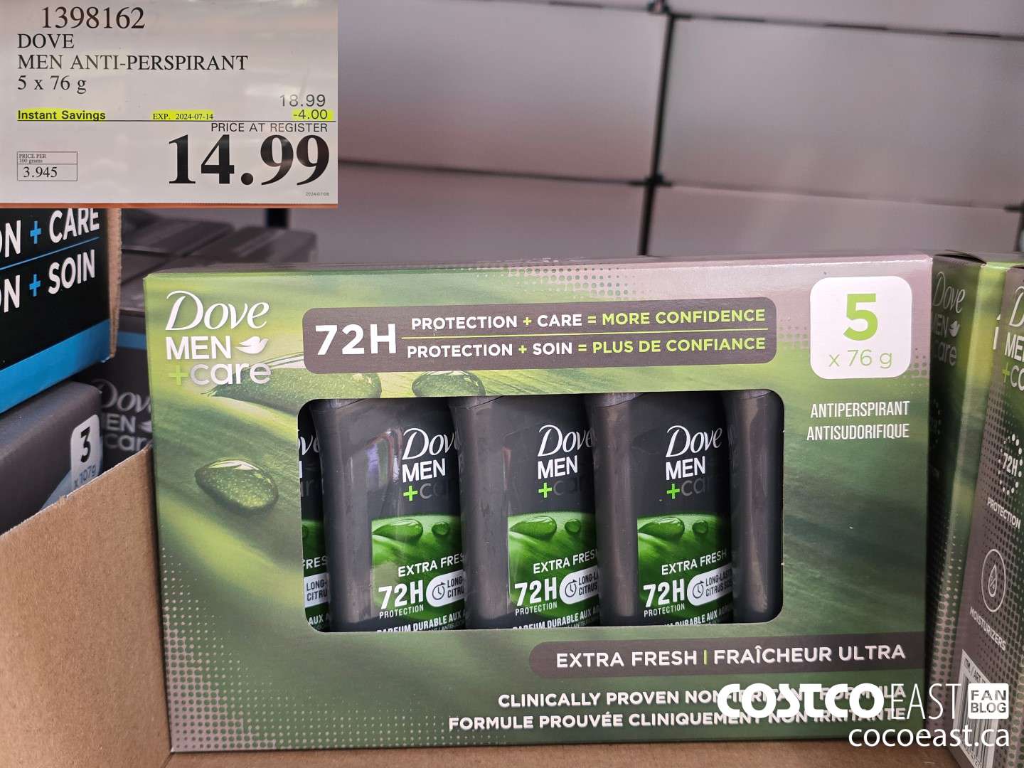 1398162 DOVE MEN ANTI-PERSPIRANT 5 x 76 g ($4.00 INSTANT SAVINGS EXPIRES ON 2024-07-14) $14.99