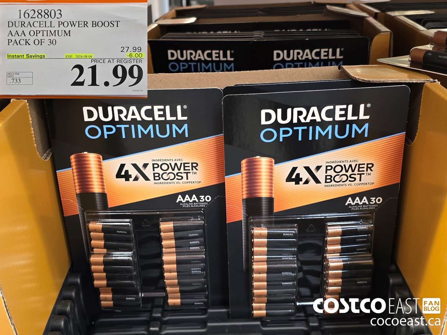 1628803 DURACELL POWER BOOST AAA OPTIMUM PACK OF 30 ($6.00 INSTANT SAVINGS EXPIRES ON 2024-08-04) $21.99