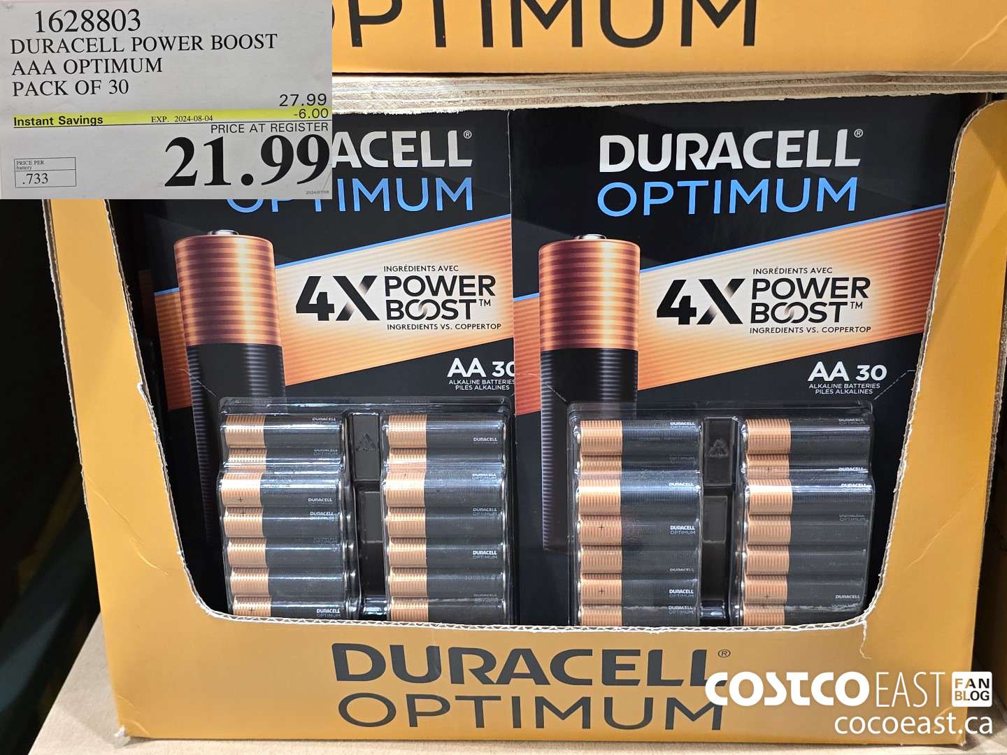 1628803 DURACELL POWER BOOST AAA OPTIMUM PACK OF 30 ($6.00 INSTANT SAVINGS EXPIRES ON 2024-08-04) $21.99