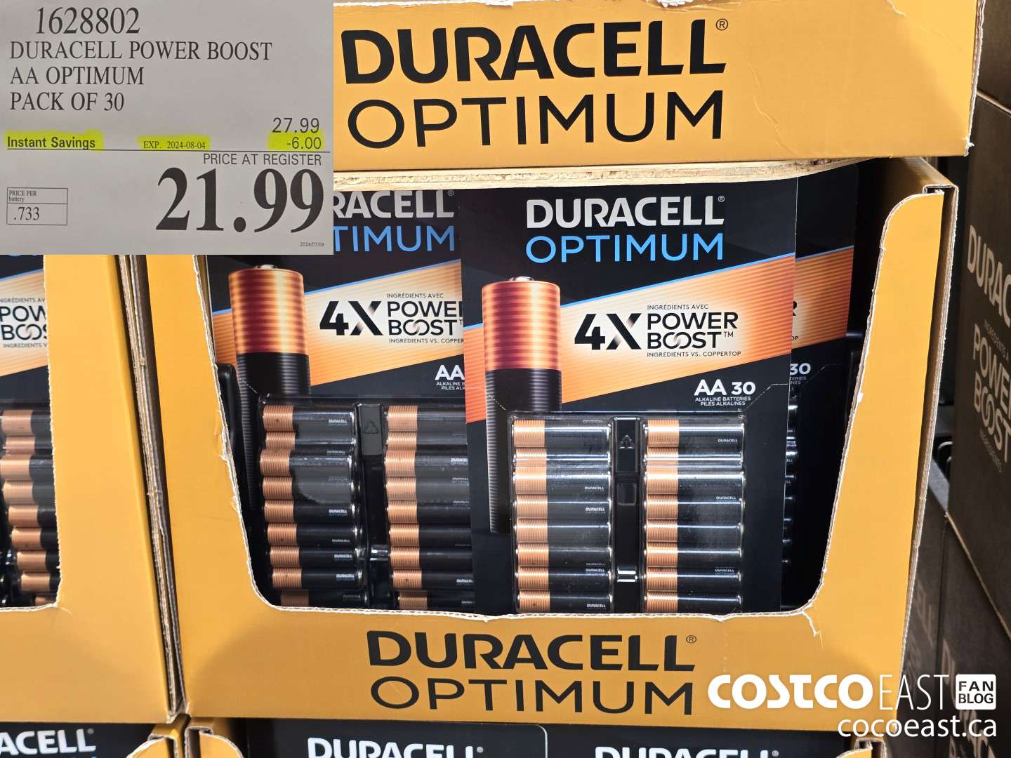 1628802 DURACELL POWER BOOST AA OPTIMUM PACK OF 30 ($6.00 INSTANT SAVINGS EXPIRES ON 2024-08-04) $21.99