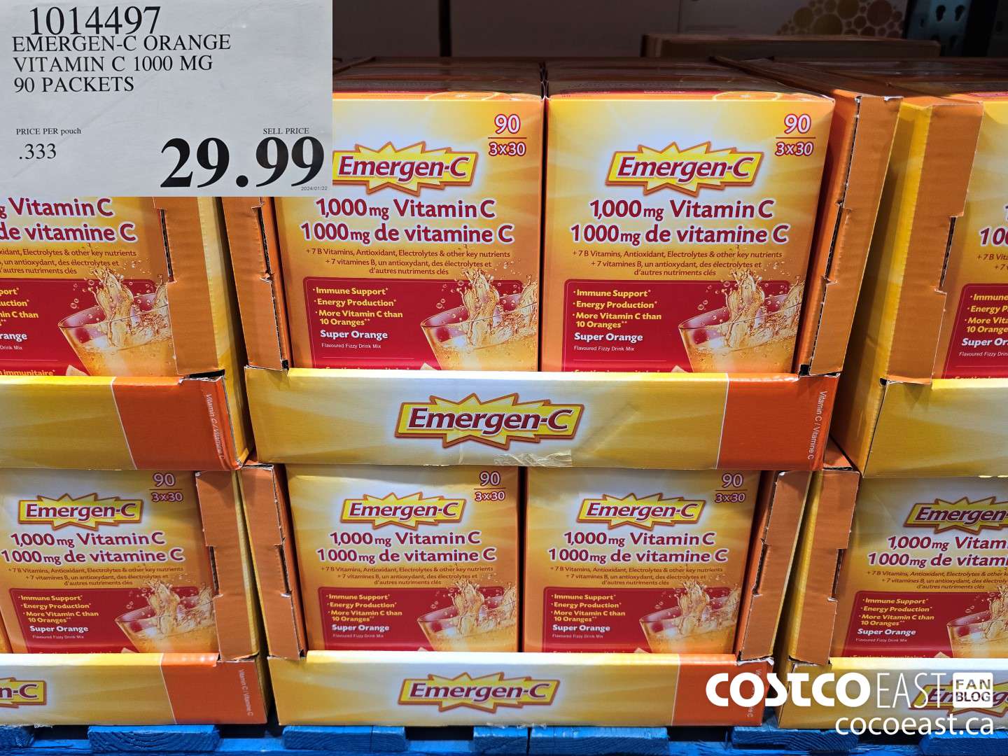 1014497 EMERGEN-C ORANGE VITAMIN C 1000 MG 90 PACKETS $29.99