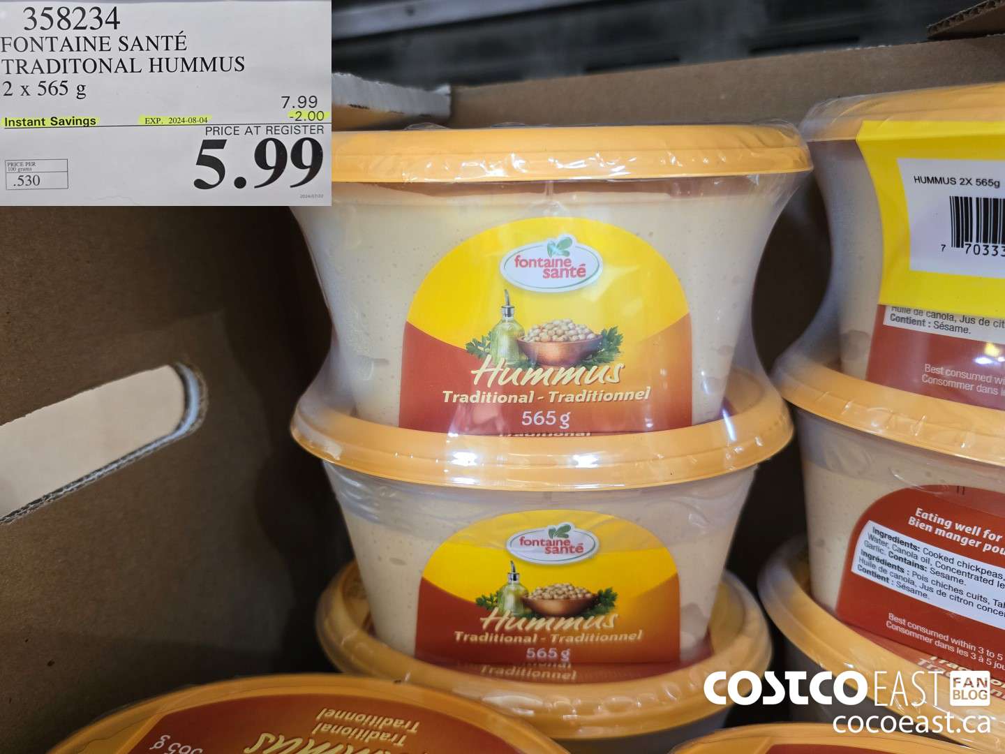 358234 FONTAINE SANTE TRADITIONAL HUMMUS 2 X 565 G ($2.00 INSTANT SAVINGS EXPIRES ON 2024-08-04) $5.99