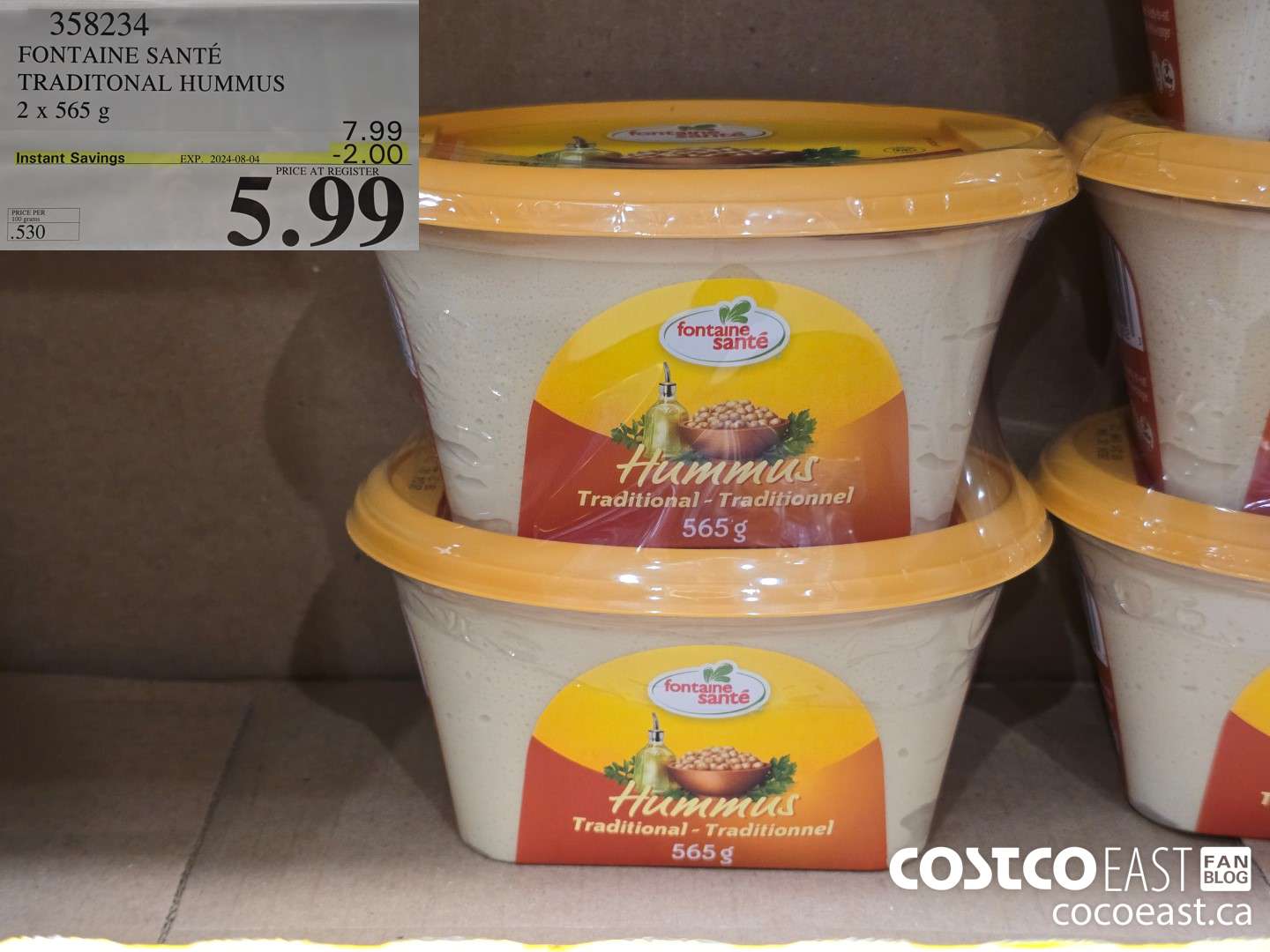 358234 FONTAINE SANTE TRADITONAL HUMMUS 2x 565 G ($2.00 INSTANT SAVINGS EXPIRES ON 2024-08-04) $5.99