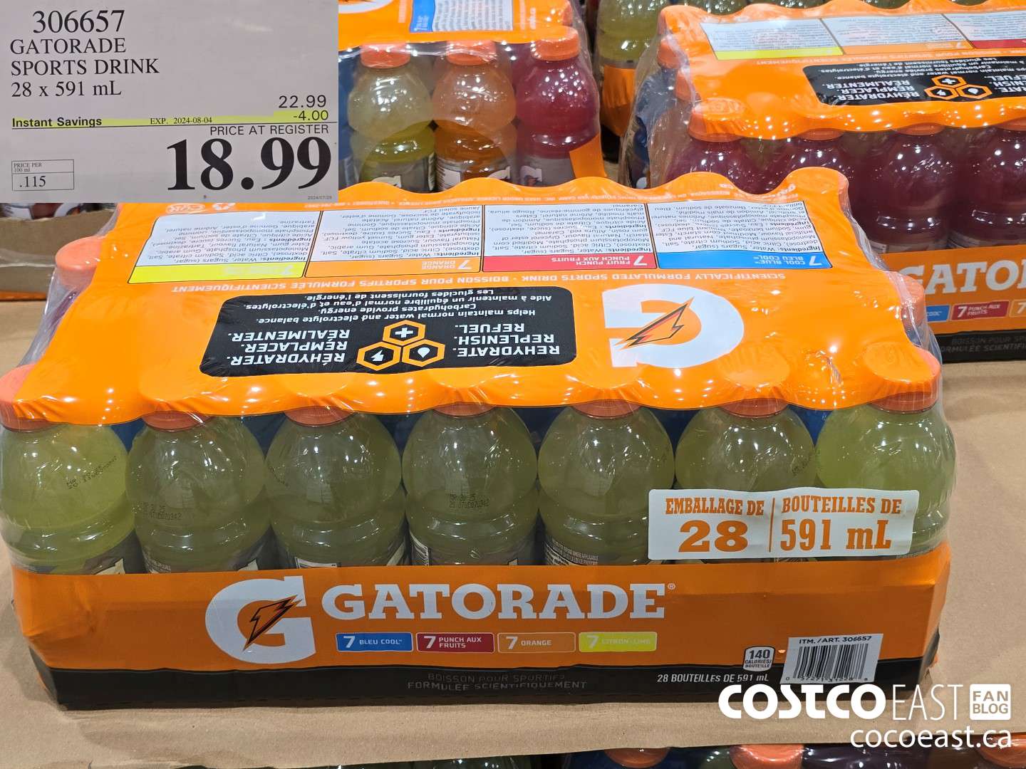306657 GATORADE SPORTS DRINK 28 x 591 mL ($4.00 INSTANT SAVINGS EXPIRES ON 2024-08-04) $18.69
