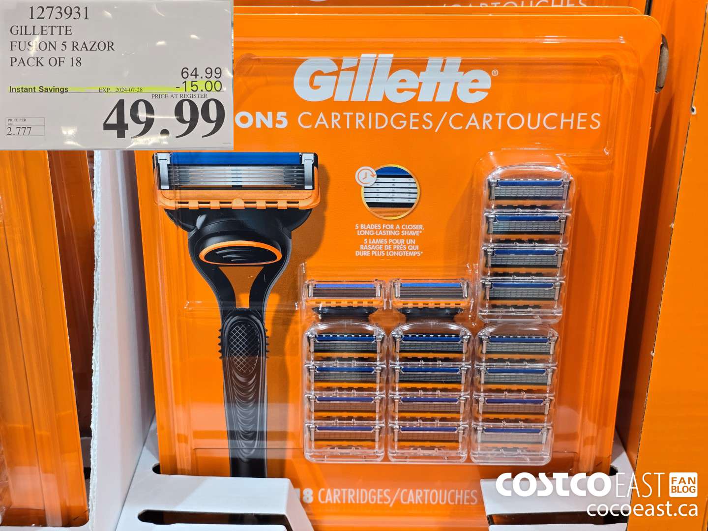 1273931 GILLETTE FUSION 5 CARTRIDGES PACK OF 18 ($15.00 INSTANT SAVINGS EXPIRES ON 2024-07-28) $49.99