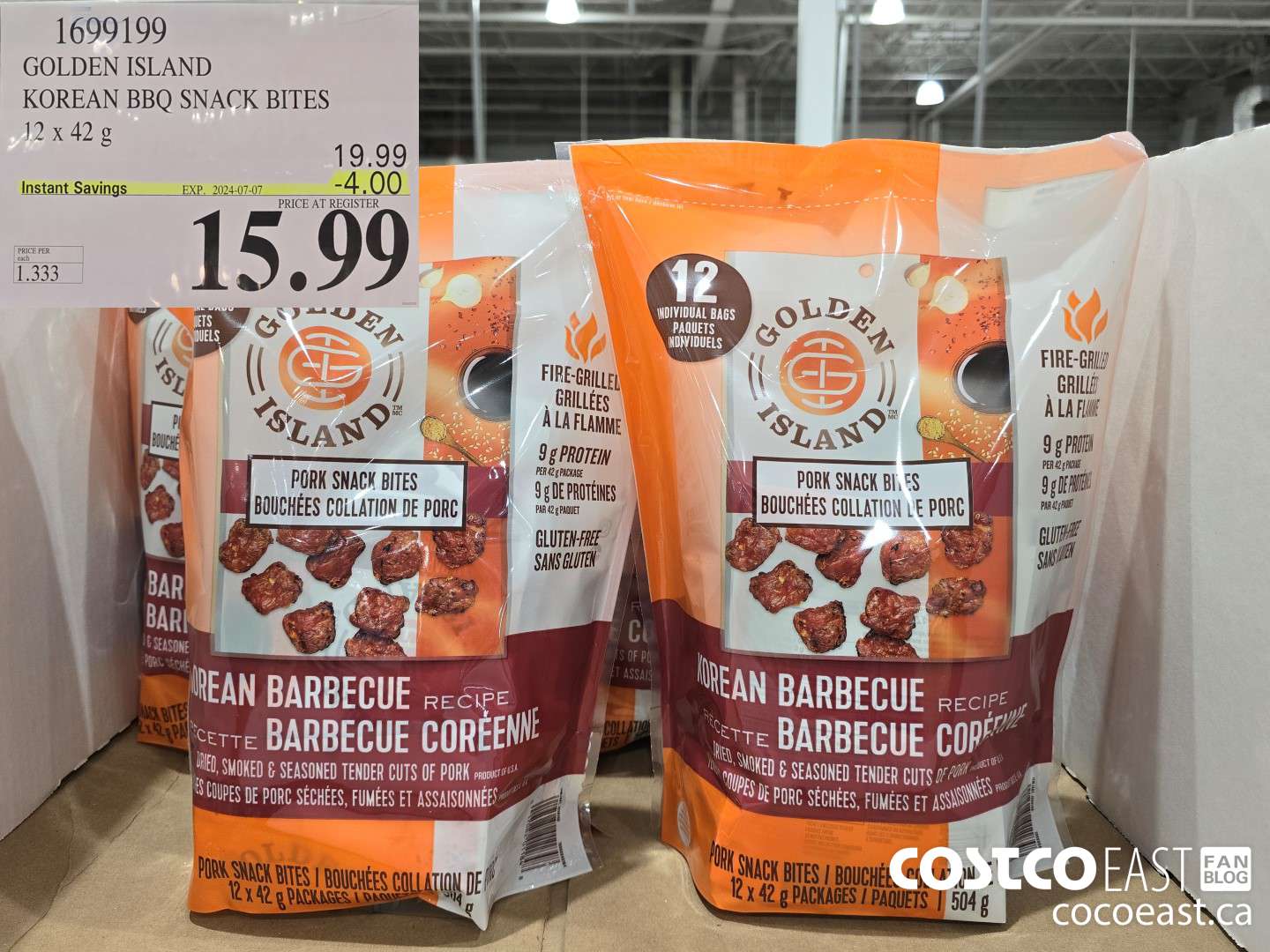 1699199 GOLDEN ISLAND KOREAN BBQ SNACK BITES 12x42 g ($4.00 INSTANT SAVINGS EXPIRES ON 2024-07-07) $15.99