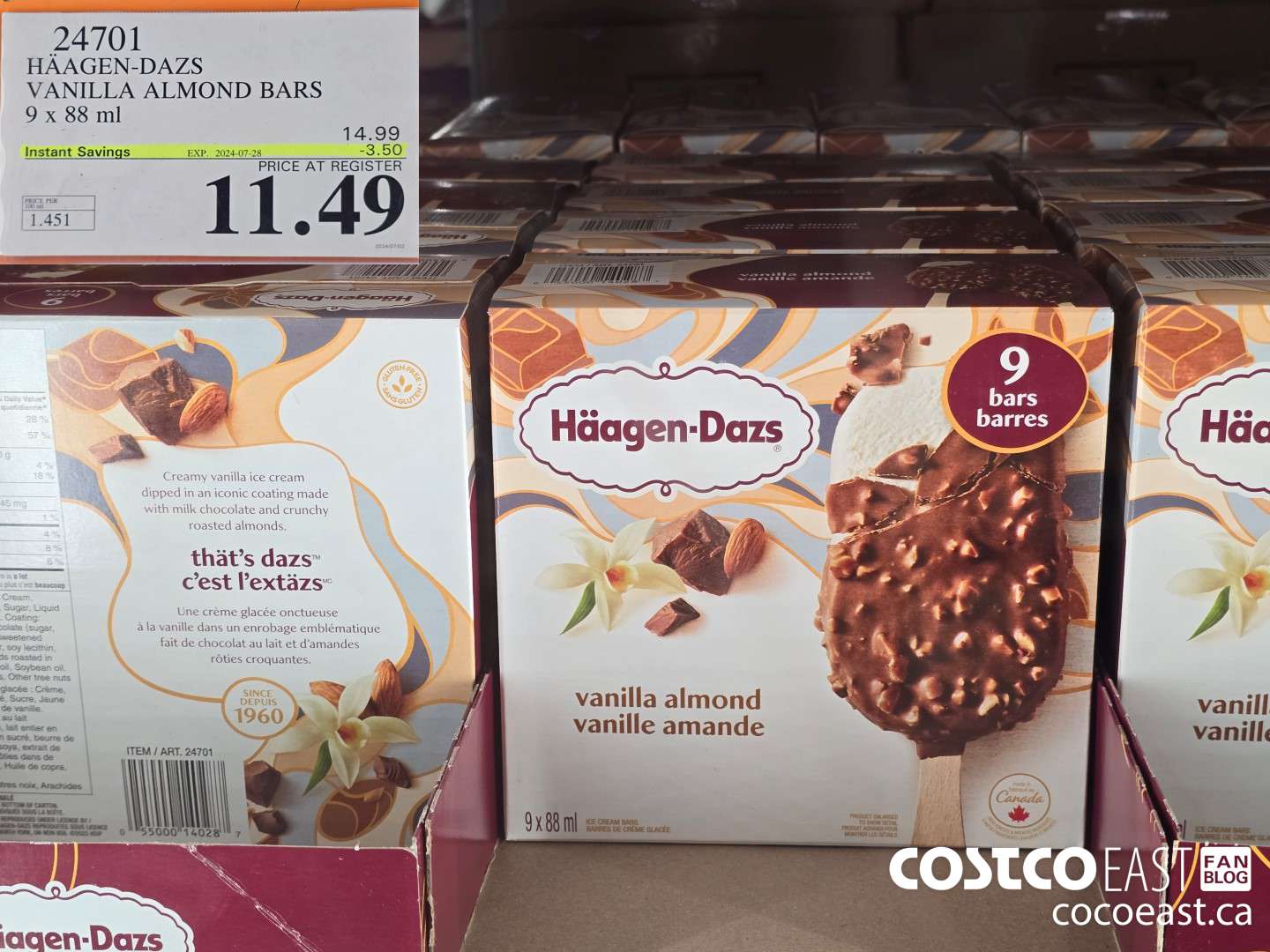 24701 HAAGAN-DAZS VANILLA ALMOND BARS 9 X 88 ML ($3.50 INSTANT SAVINGS EXPIRES ON 2024-07-28) $11.49