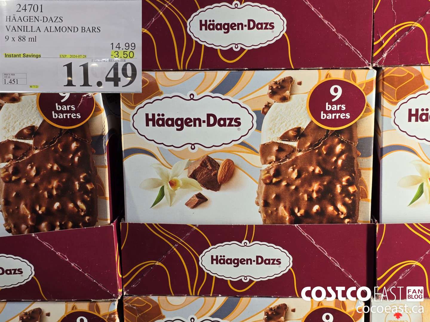 24701 HAAGAN-DAZS VANILLA ALMOND BARS 9 X 88 ML ($3.50 INSTANT SAVINGS EXPIRES ON 2024-07-28) $11.49