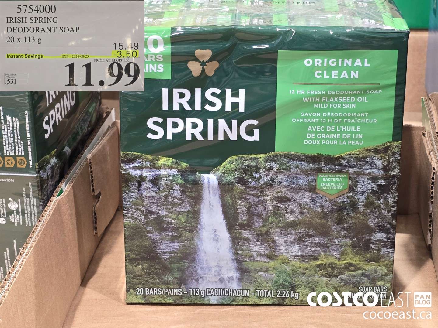 5754000 IRISH SPRING DEODORANT SOAP 20 X 113 G ($3.50 INSTANT SAVINGS EXPIRES ON 2024-08-25) $11.99