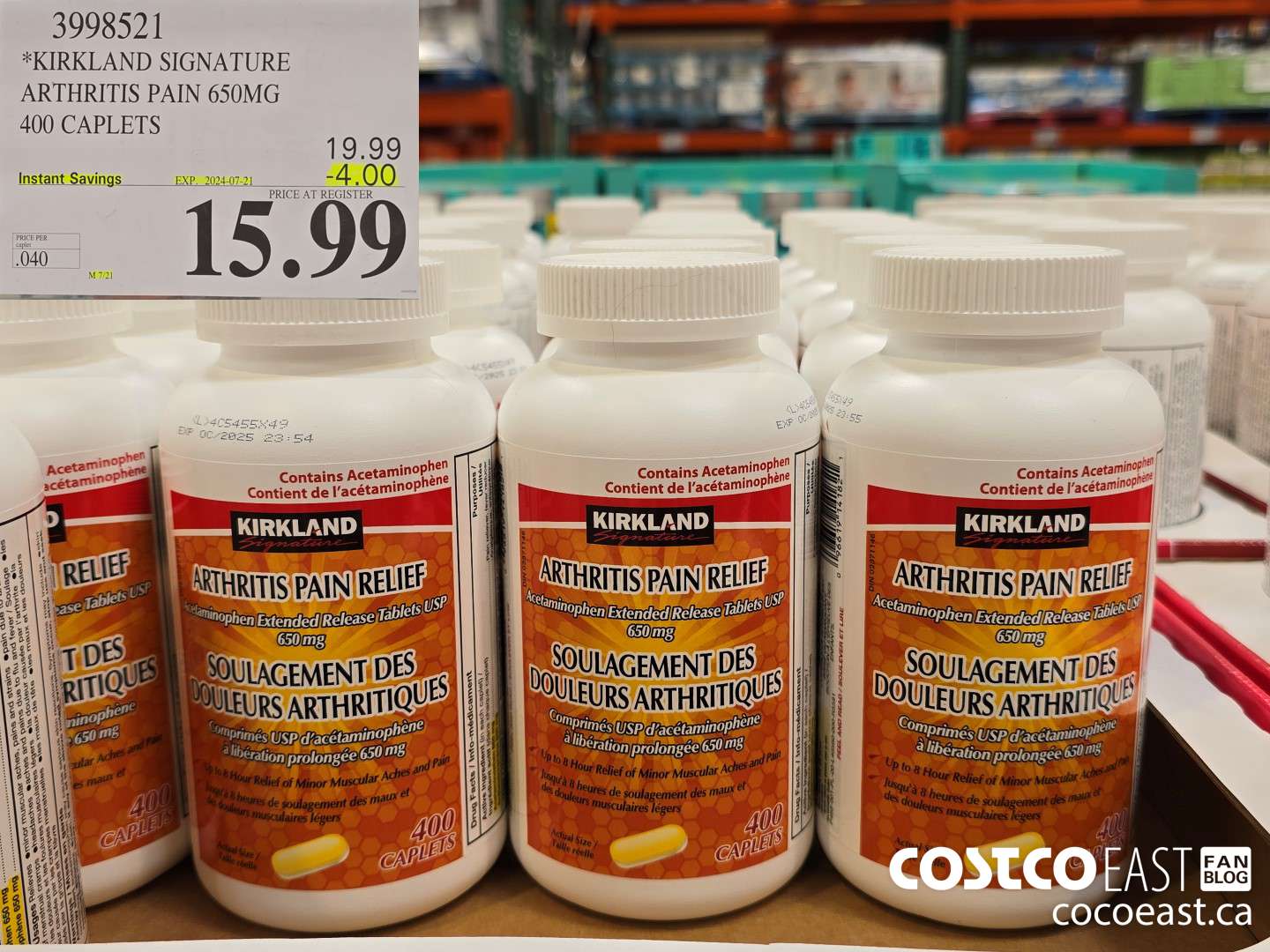 3998521 KIRKLAND SIGNATURE ARTHRITIS PAIN 650MG 400 CAPLETS ($4.00 INSTANT SAVINGS EXPIRES ON 2024-07-21) $15.99