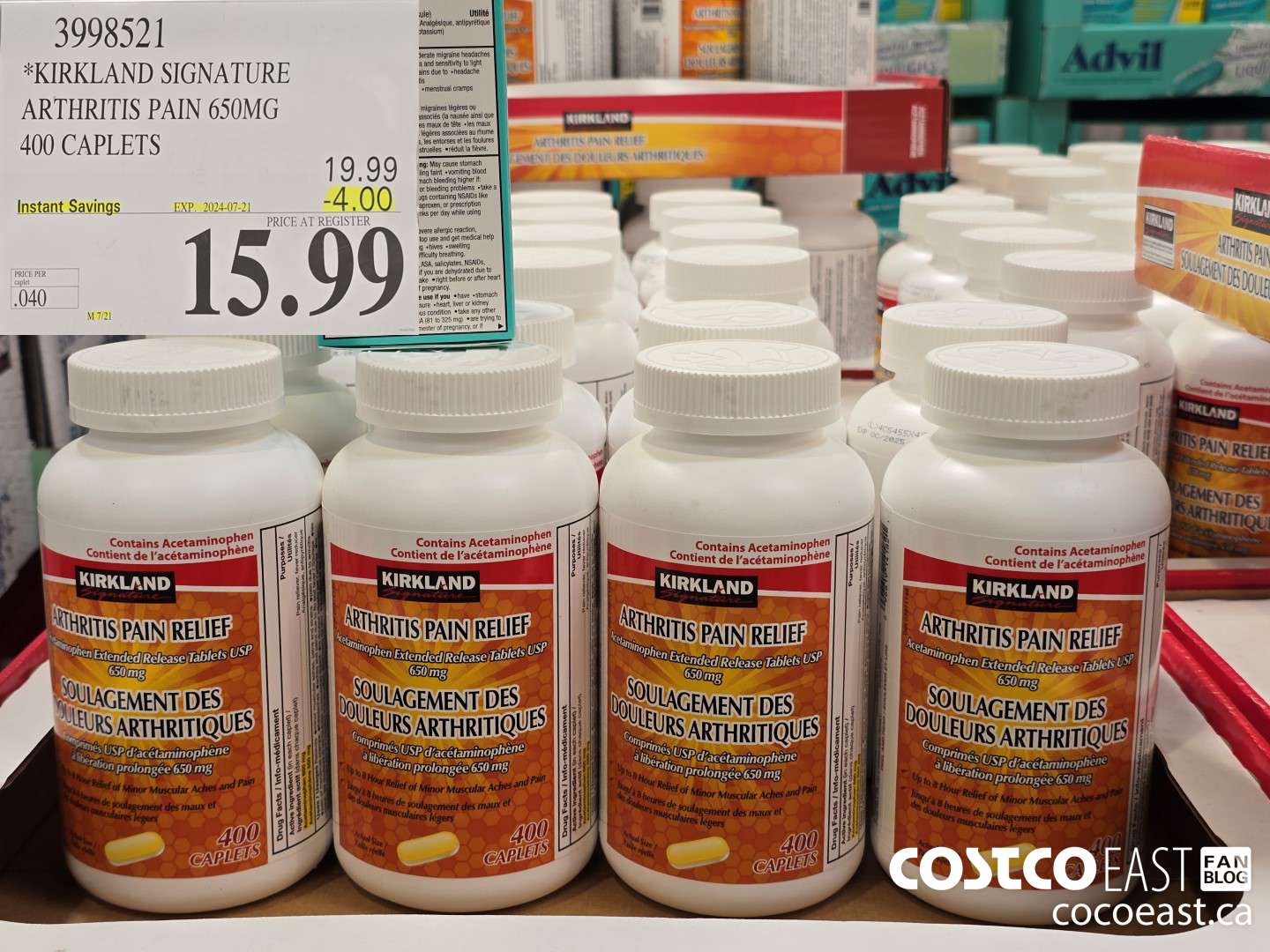 3998521 KIRKLAND SIGNATURE ARTHRITIS PAIN 650MG 400 CAPLETS ($4.00 INSTANT SAVINGS EXPIRES ON 2024-07-21) $15.99
