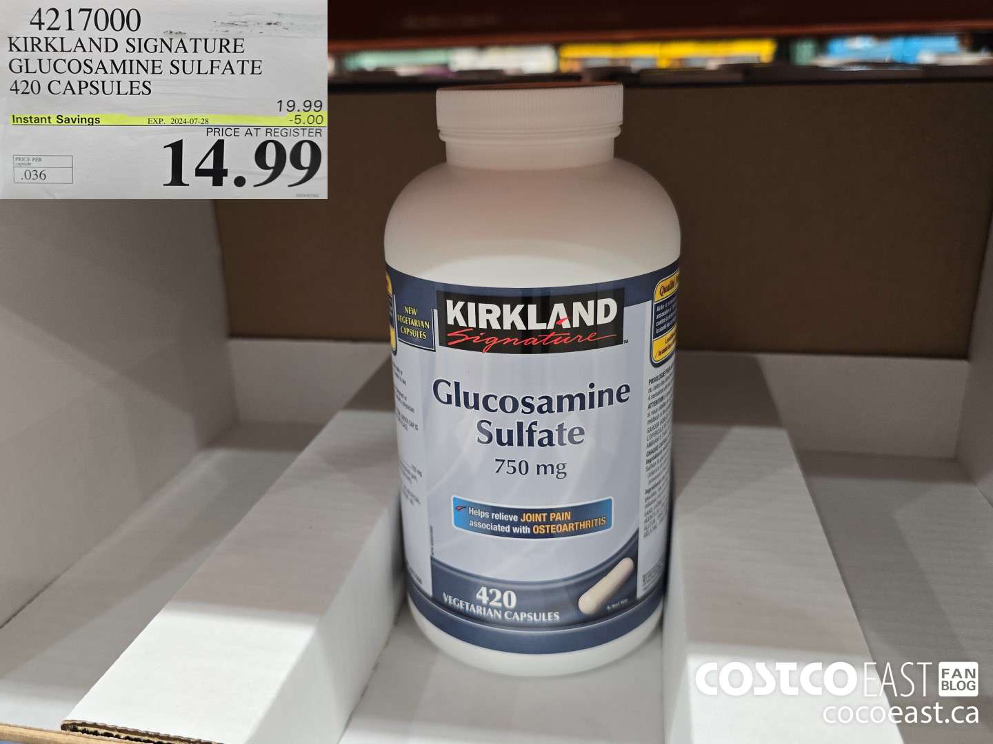 4217000 KIRKLAND SIGNATURE GLUCOSAMINE SULFATE 420 CAPSULES ($5.00 INSTANT SAVINGS EXPIRES ON 2024-07-28) $14.99