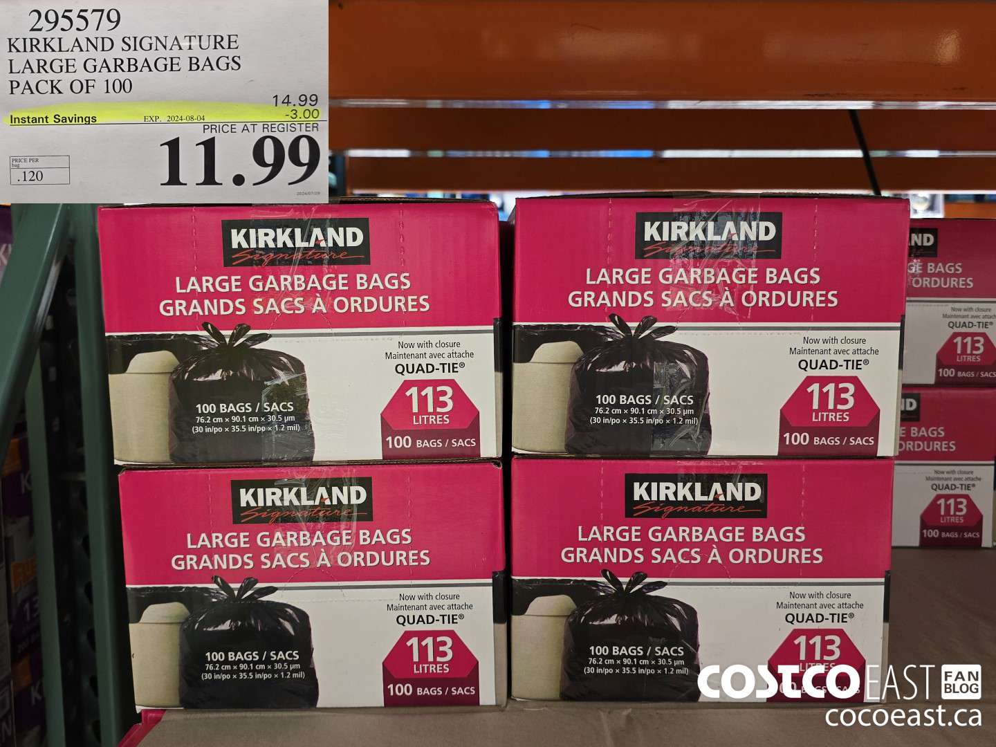 295579 KIRKLAND SIGNATURE LARGE GARBAGE BAGS PACK OF 100 ($3.00 INSTANT SAVINGS EXPIRES ON 2024-08-04) $11.99