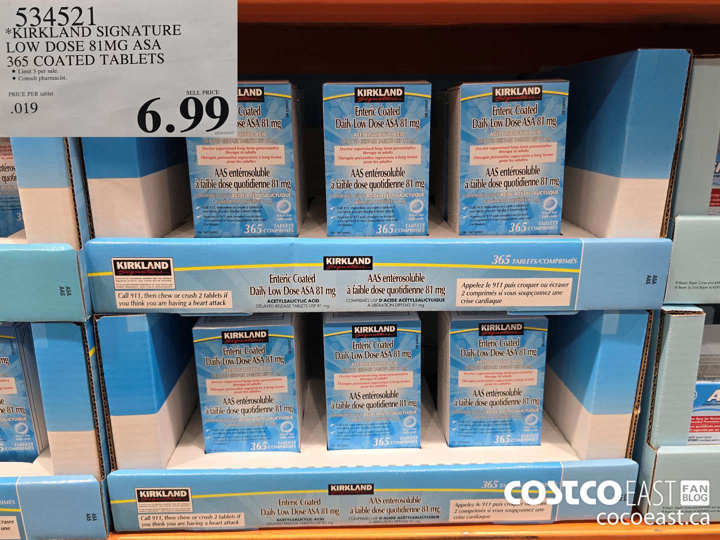 534521 KIRKLAND SIGNATURE LOW DOSE 81MG ASA 365 COATED TABLETS $6.99