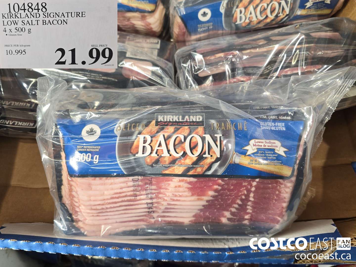 104848 KIRKLAND SIGNATURE LOW SALT BACON 4 x 500 g $21.99