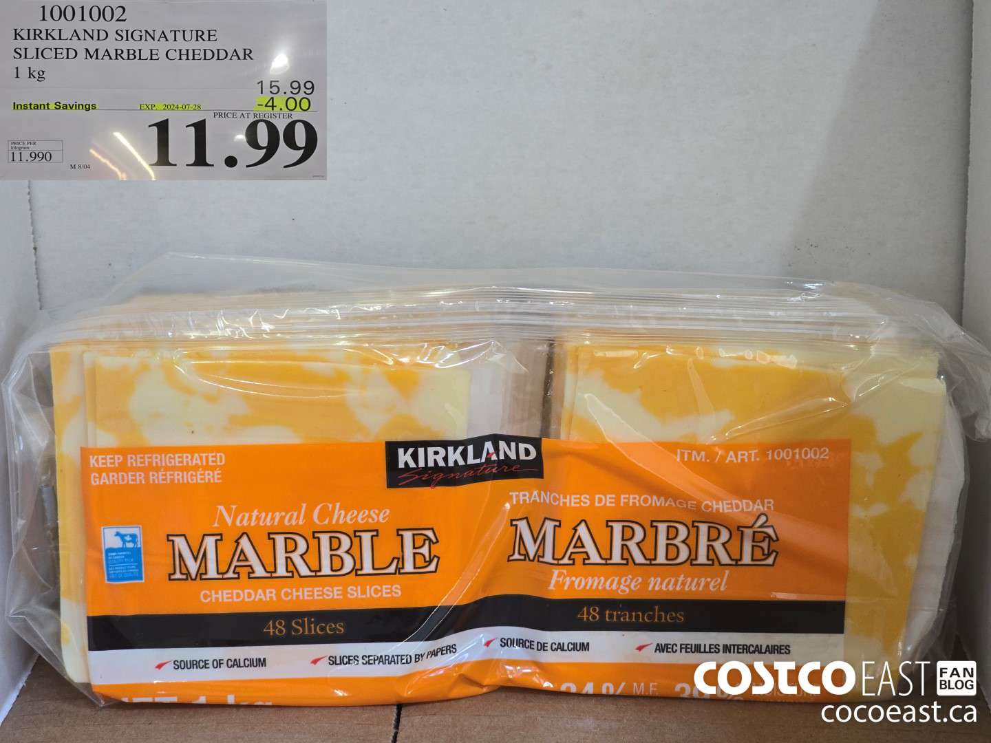 1001002 KIRKLAND SIGNATURE SLICED MARBLE CHEDDAR 1 KG ($4.00 INSTANT SAVINGS EXPIRES ON 2024-07-28) $11.99