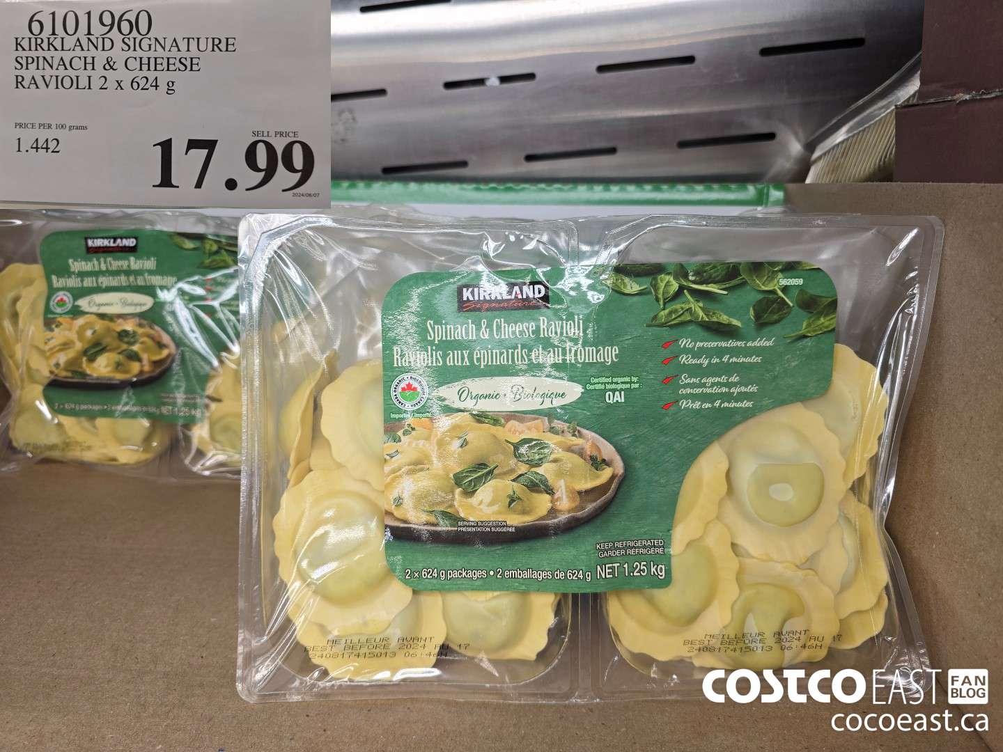 6101960 KIRKLAND SIGNATURE SPINACH & CHEESE RAVIOLI 2 x 624 G $17.99