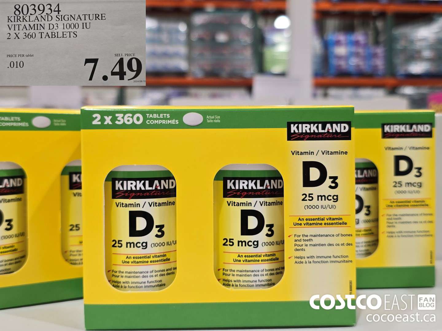 803934 KIRKLAND SIGNATURE VITAMIN D3 1000 IU 2 X 360 TABLETS $7.49