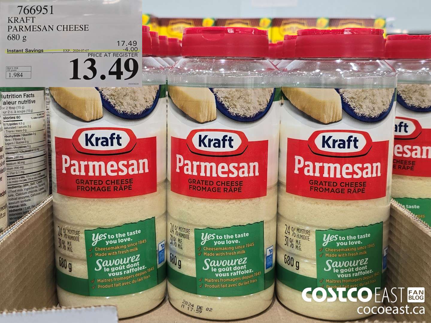 766951 KRAFT PARMESAN CHEESE 680 G ($4.00 INSTANT SAVINGS EXPIRES ON 2024-07-07) $13.49