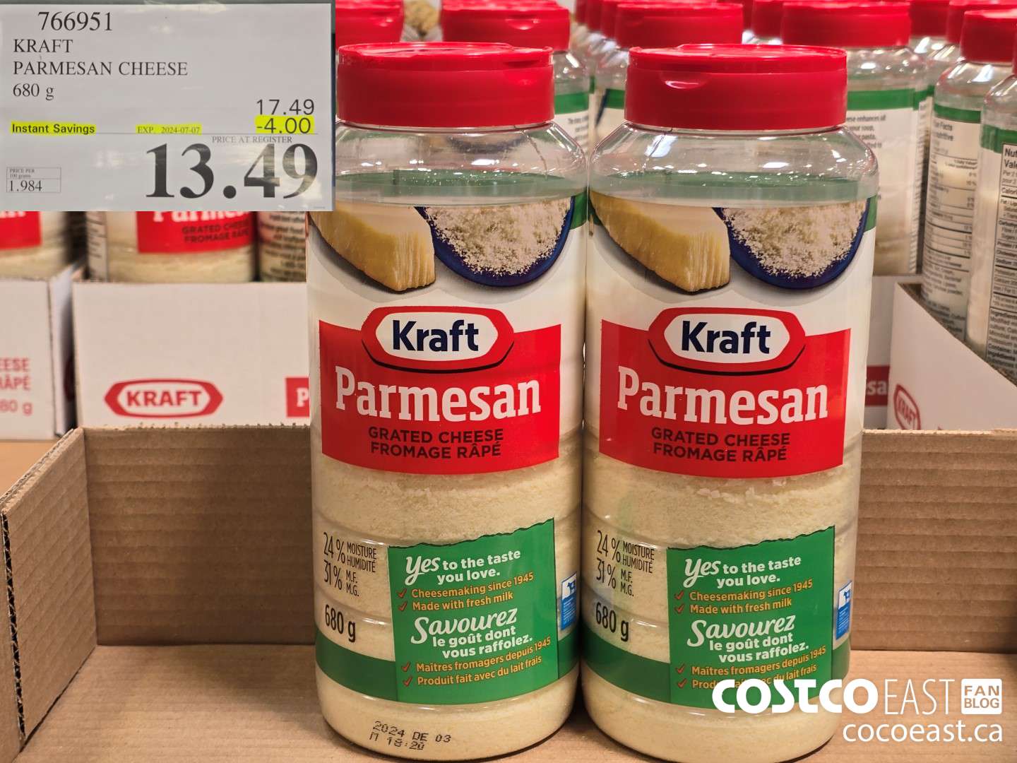 766951 KRAFT PARMESAN CHEESE 680 G ($4.00 INSTANT SAVINGS EXPIRES ON 2024-07-07) $13.49