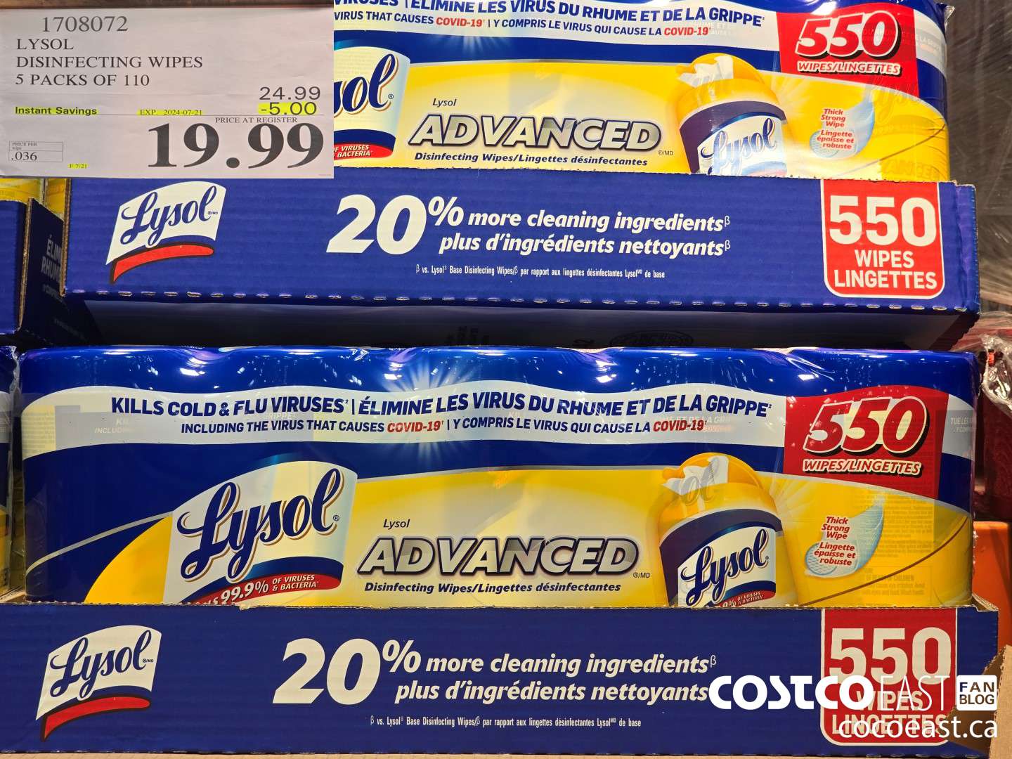 1708072 LYSOL DISINFECTING WIPES 5 PACKS OF 110 ($5.00 INSTANT SAVINGS EXPIRES ON 2024-07-21) $19.99
