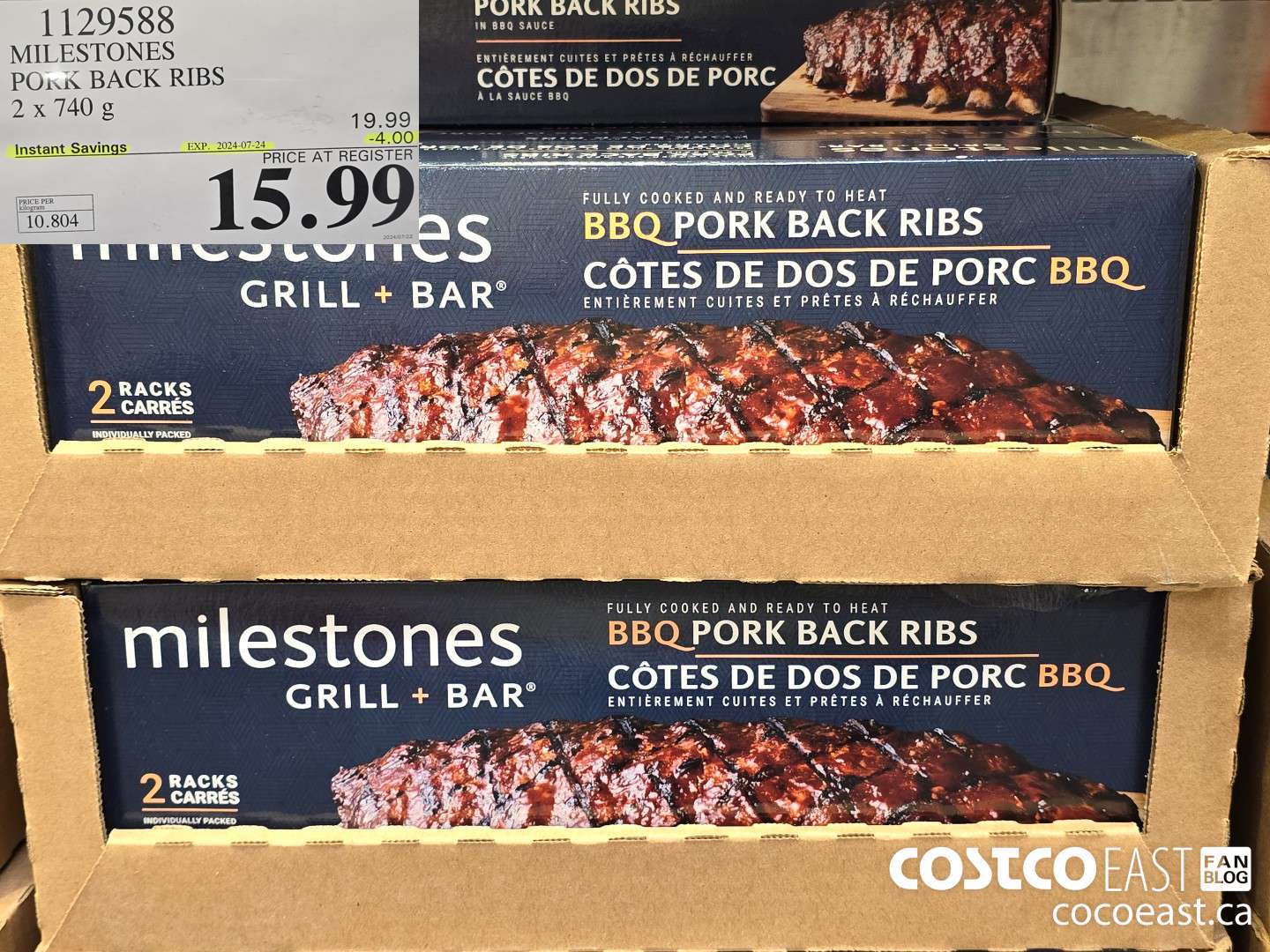 1129588 MILESTONES PORK BACK RIBS 2 x 740 G ($4.00 INSTANT SAVINGS EXPIRES ON 2024-07-24) $15.99