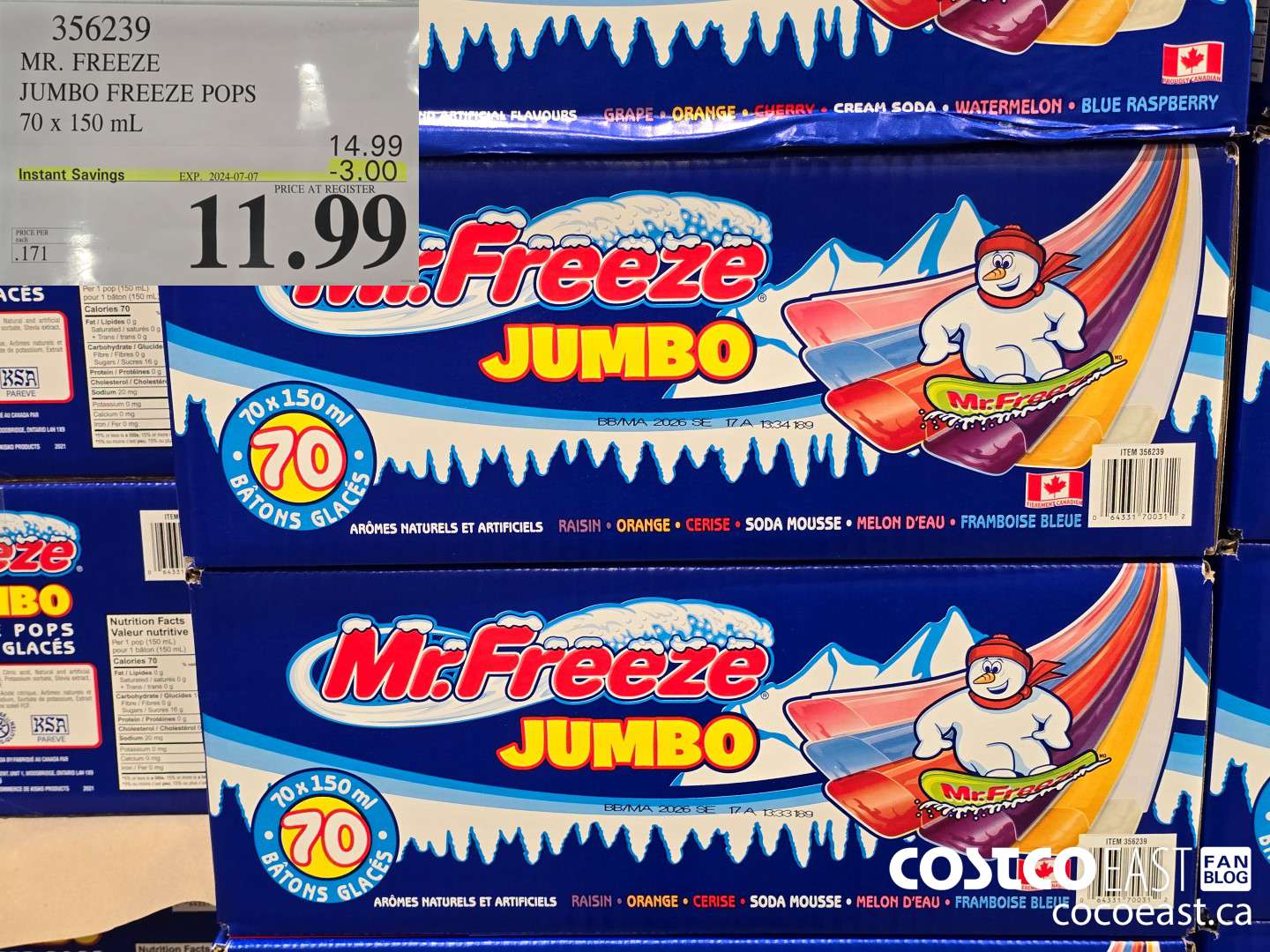 356239 MR. FREEZE JUMBO FREEZE POPS 70 X 150 ML ($3.00 INSTANT SAVINGS EXPIRES ON 2024-07-07) $11.99