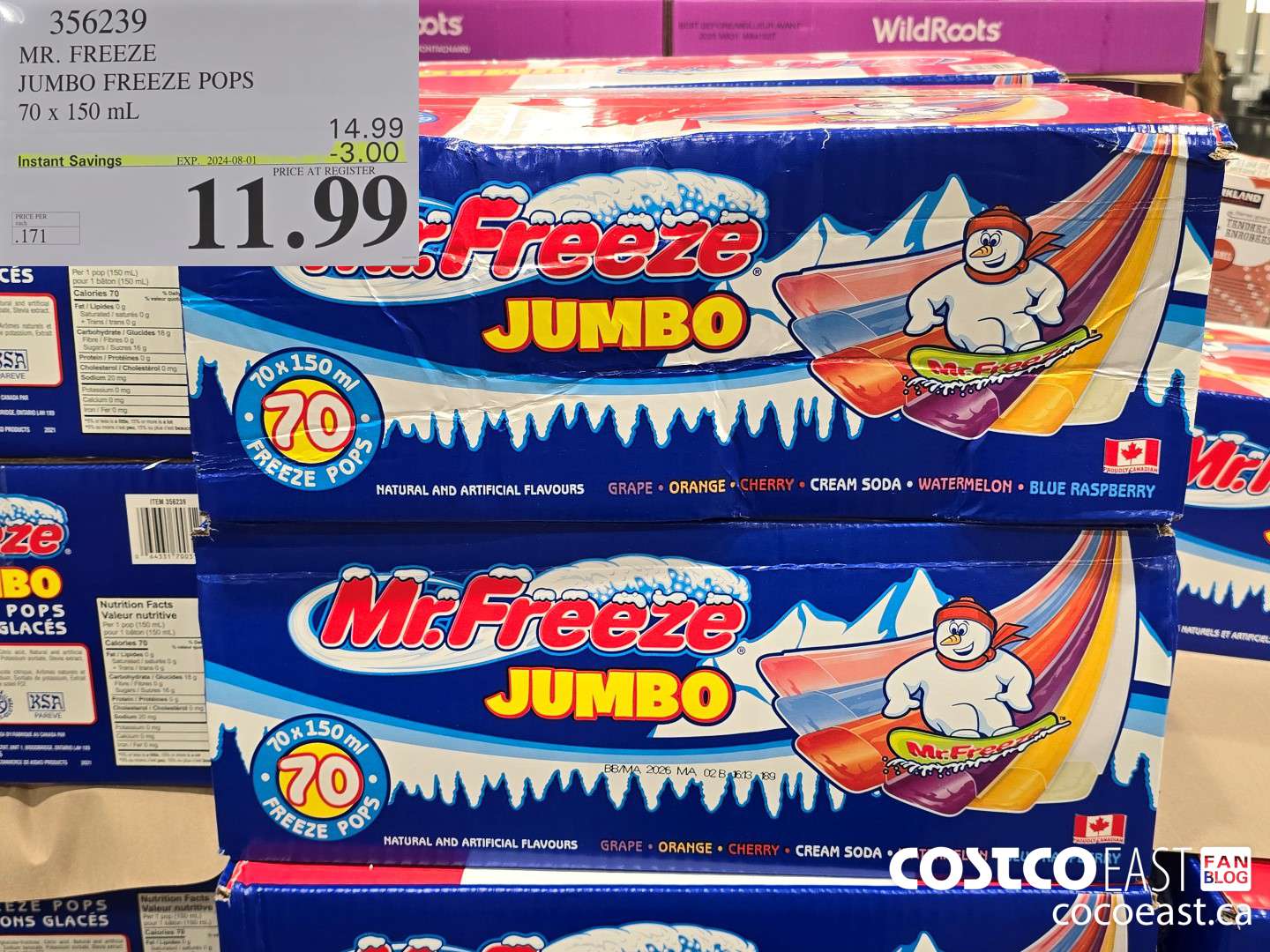 356239 MR. FREEZE JUMBO FREEZE POPS 70 X 150 ML ($3.00 INSTANT SAVINGS EXPIRES ON 2024-08-01) $11.99