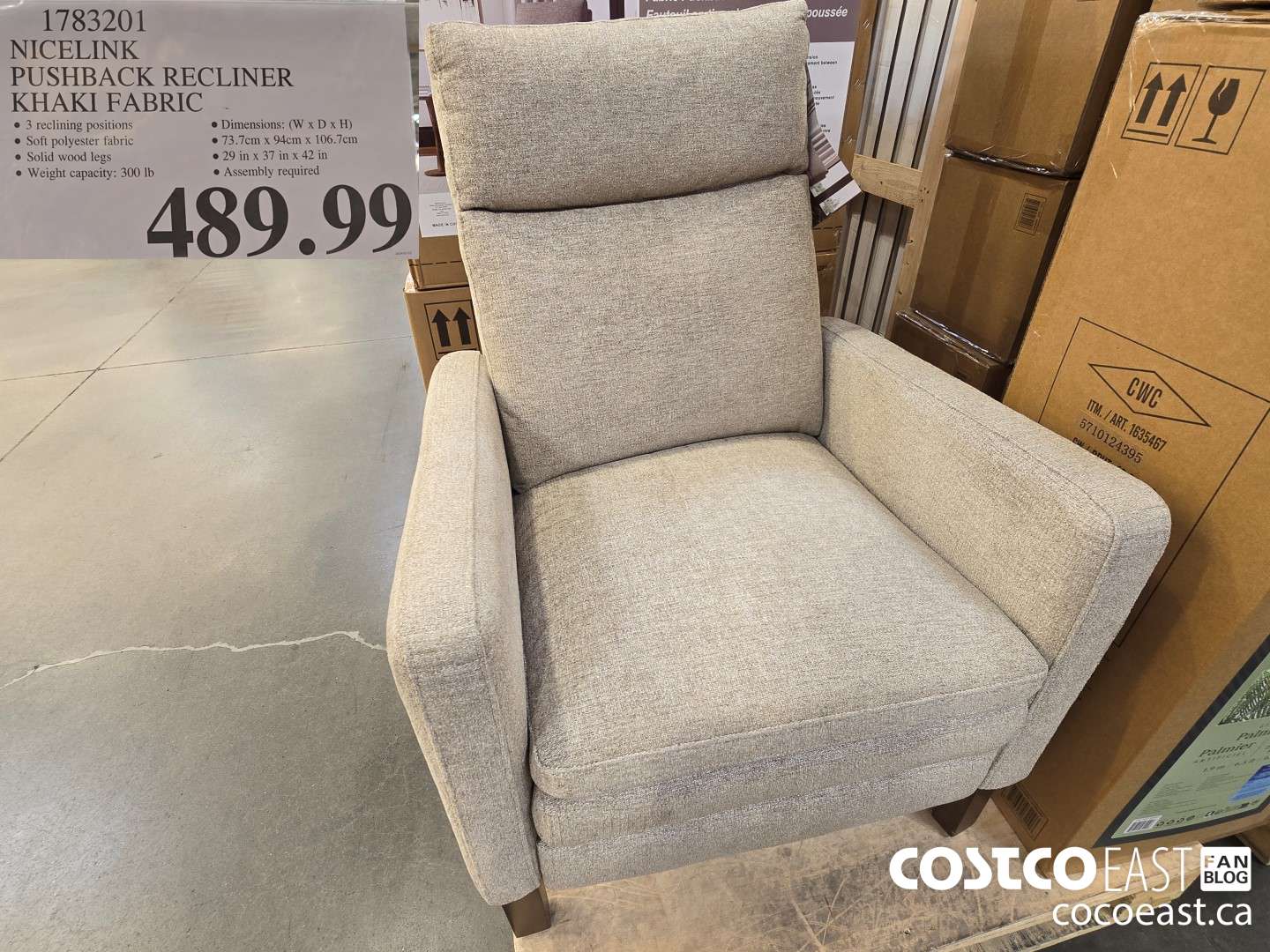 1783201 NICELINK PUSHBACK RECLINER KHAKI FABRIC $489.99
