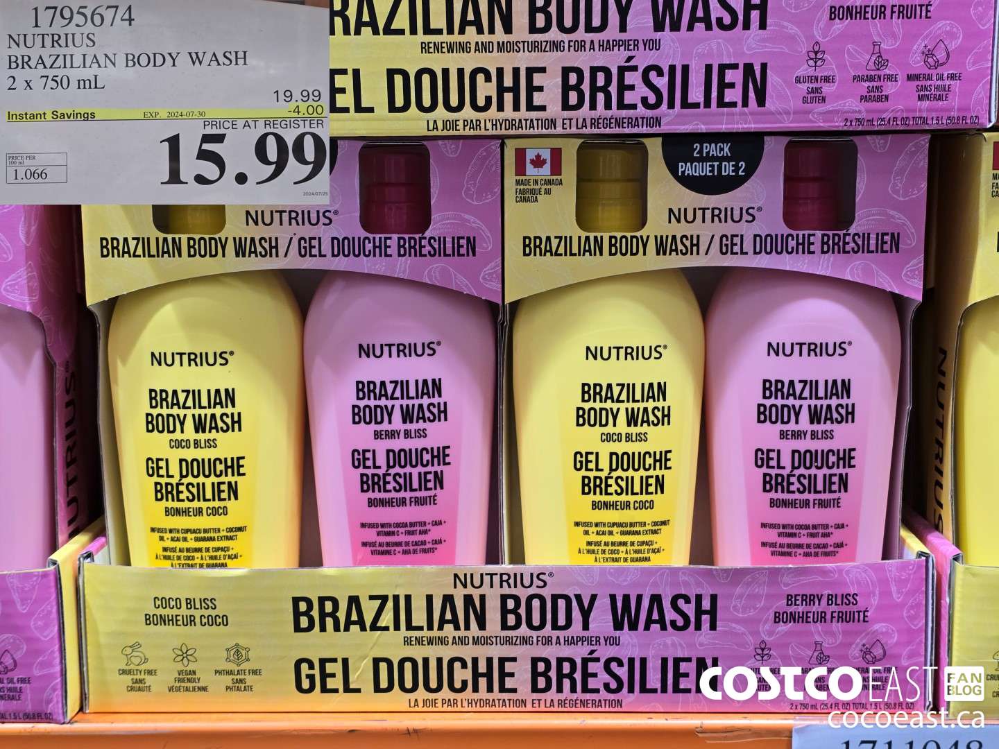 1795674 NUTRIUS BRAZILIAN BODY WASH 2 x 750 mL ($4.00 INSTANT SAVINGS EXPIRES ON 2024-07-30) $15.99