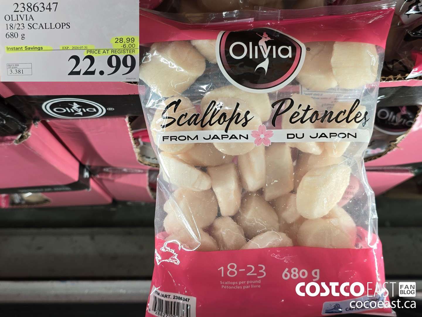 2386347 OLIVIA 18/23 SCALLOPS 680 G ($6.00 INSTANT SAVINGS EXPIRES ON 2024-07-31) $22.99