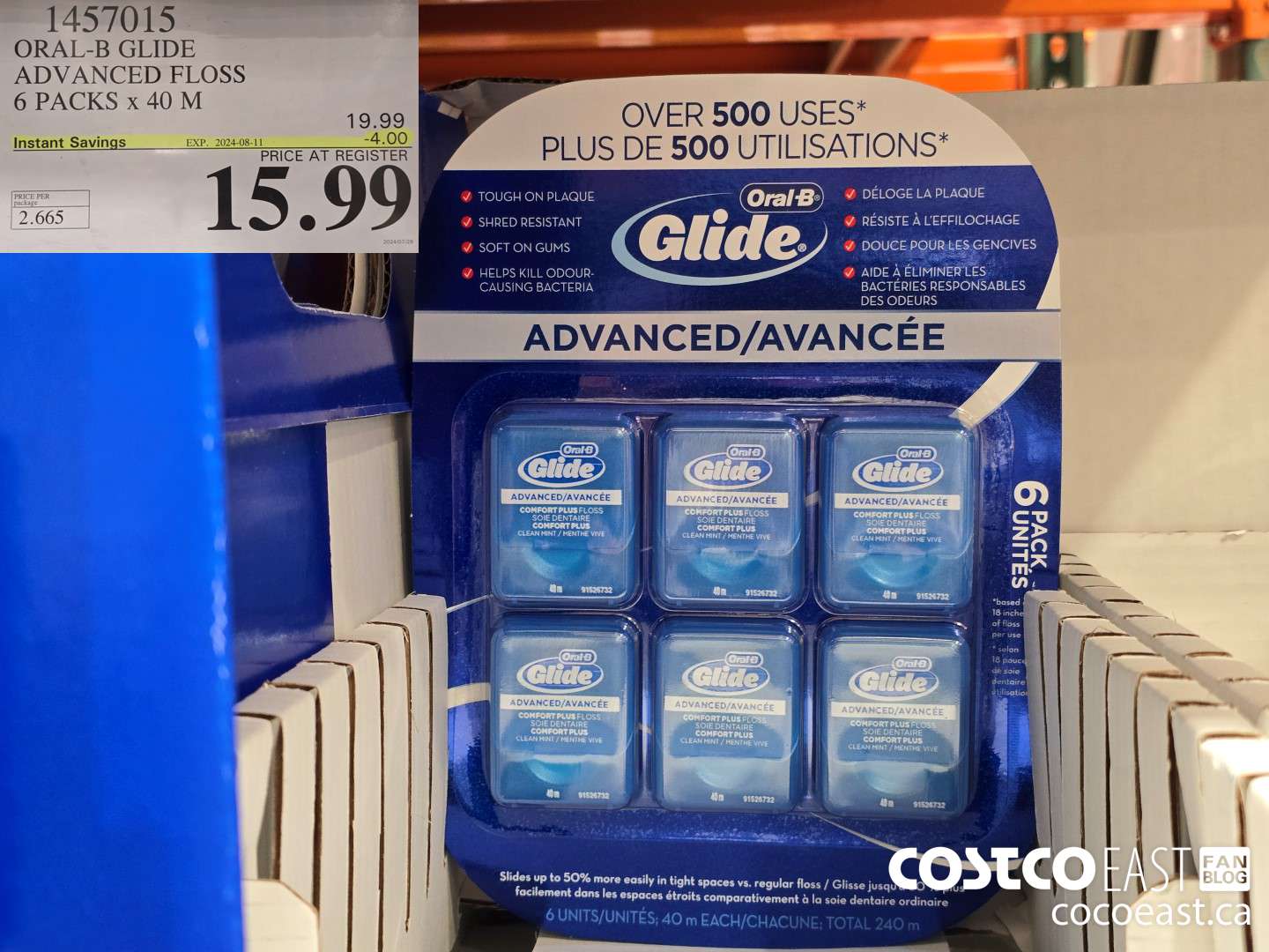 1457015 ORAL-B GLIDE ADVANCED FLOSS 6 PACKS X 40 M ($4.00 INSTANT SAVINGS EXPIRES ON 2024-08-11) $15.99