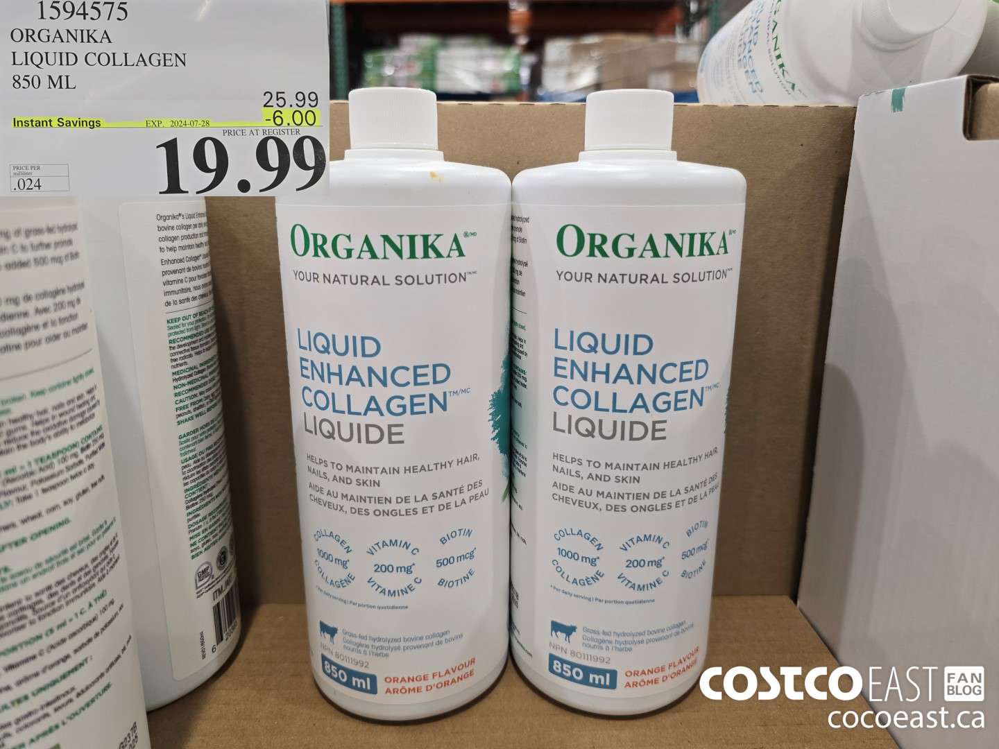 1594575 ORGANIKA LIQUID COLLAGEN 850 ML ($6.00 INSTANT SAVINGS EXPIRES ON 2024-07-28) $19.99