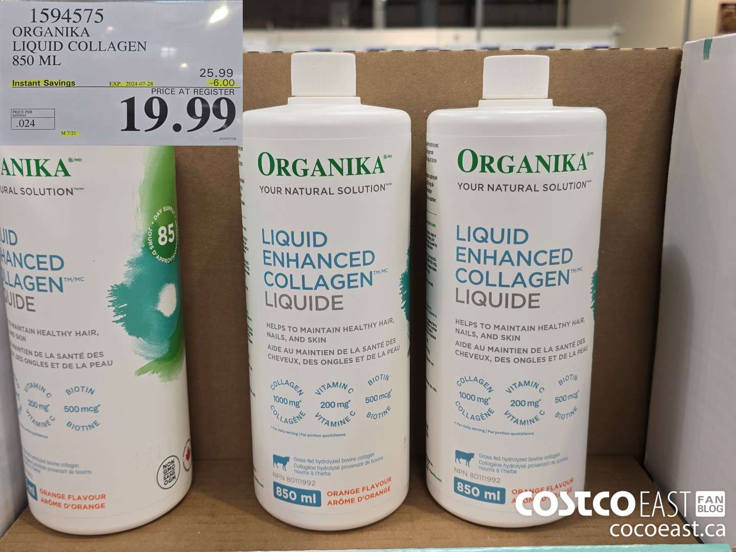 1594575 ORGANIKA LIQUID COLLAGEN 850 ML ($6.00 INSTANT SAVINGS EXPIRES ON 2024-07-28) $19.99