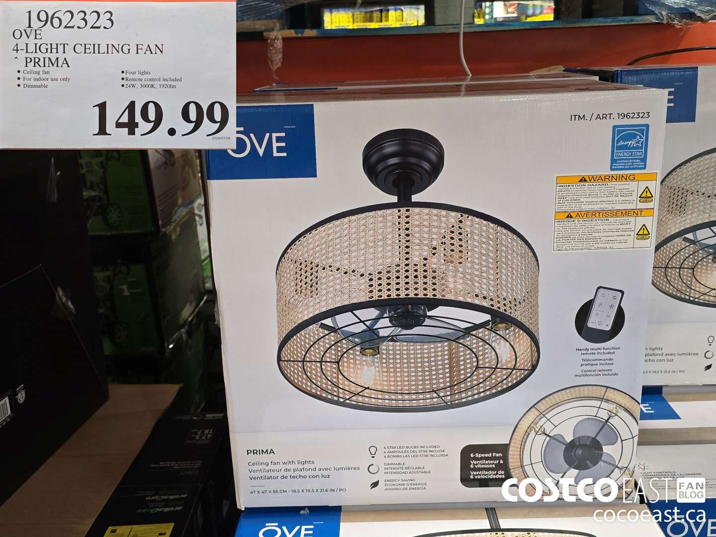 1962323 OVE 4-LIGHT CEILING FAN PRIMA $149.99
