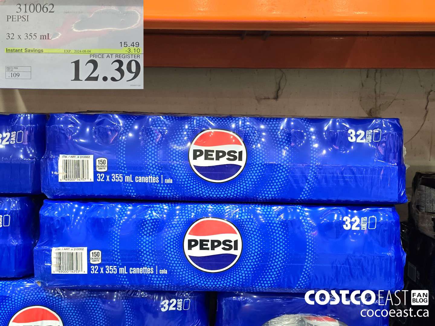 310062 PEPSI 32 X 355 ML ($3.10 INSTANT SAVINGS EXPIRES ON 2024-08-04) $12.39
