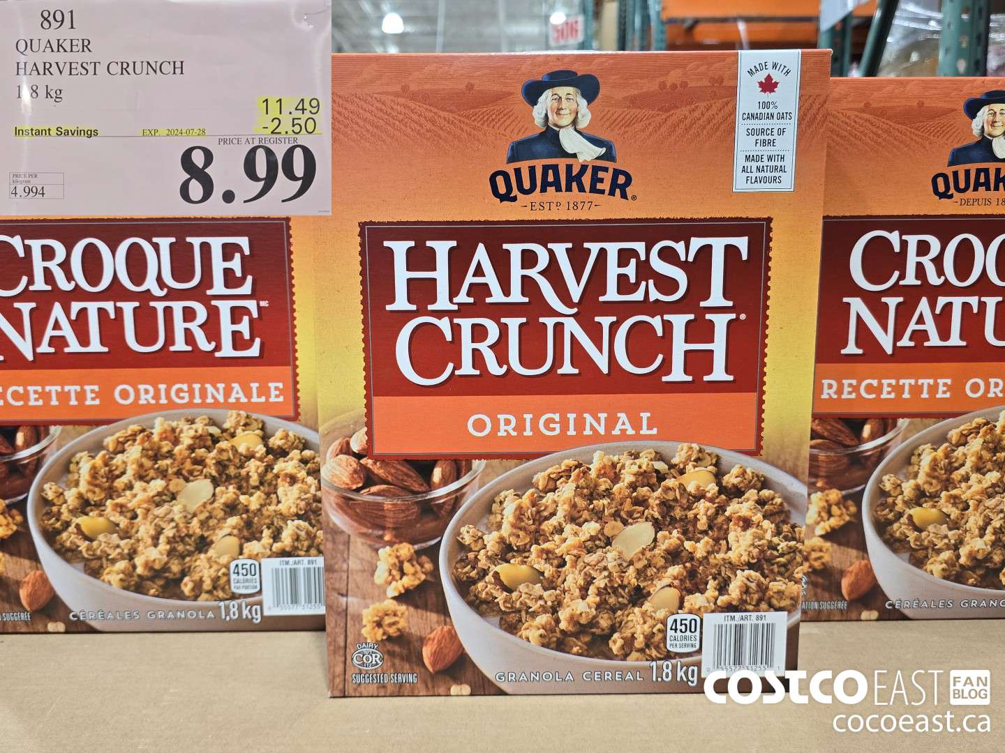 891 QUAKER HARVEST CRUNCH 1.8 kg ($2.50 INSTANT SAVINGS EXPIRES ON 2024-07-28) $8.99