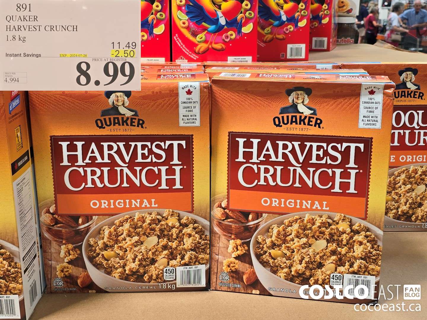 891 QUAKER HARVEST CRUNCH 1.8 kg ($2.50 INSTANT SAVINGS EXPIRES ON 2024-07-28) $8.99