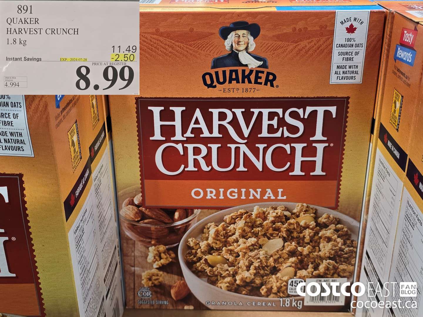 891 QUAKER HARVEST CRUNCH 1.8 kg ($2.50 INSTANT SAVINGS EXPIRES ON 2024-07-28) $8.99