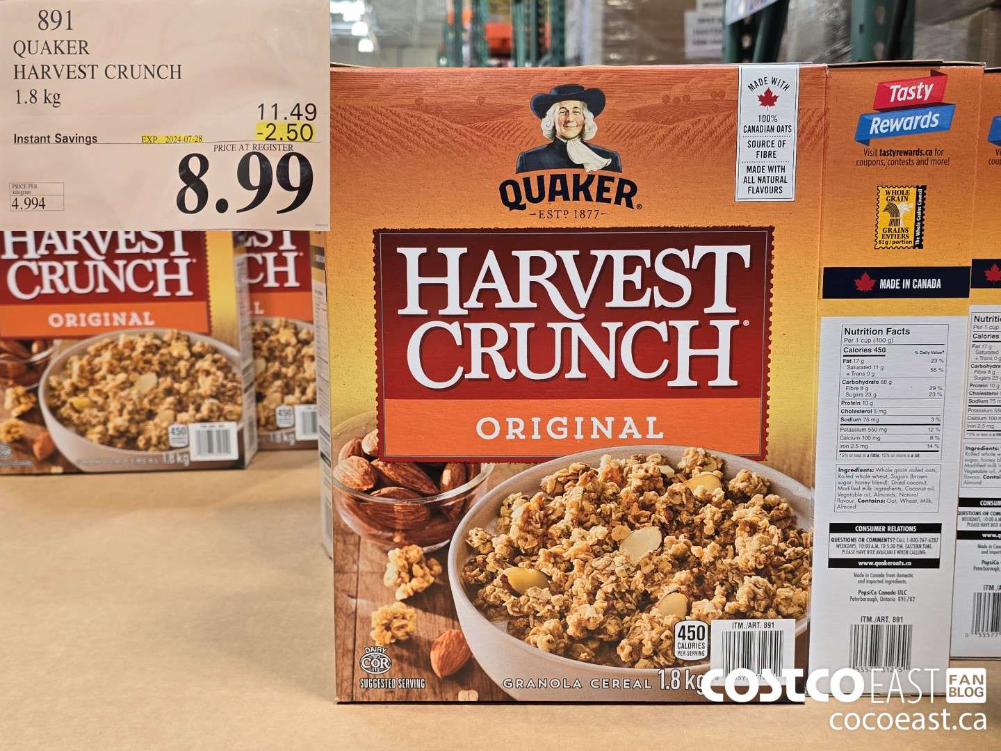 891 QUAKER HARVEST CRUNCH 1.8 kg ($2.50 INSTANT SAVINGS EXPIRES ON 2024-07-28) $8.99