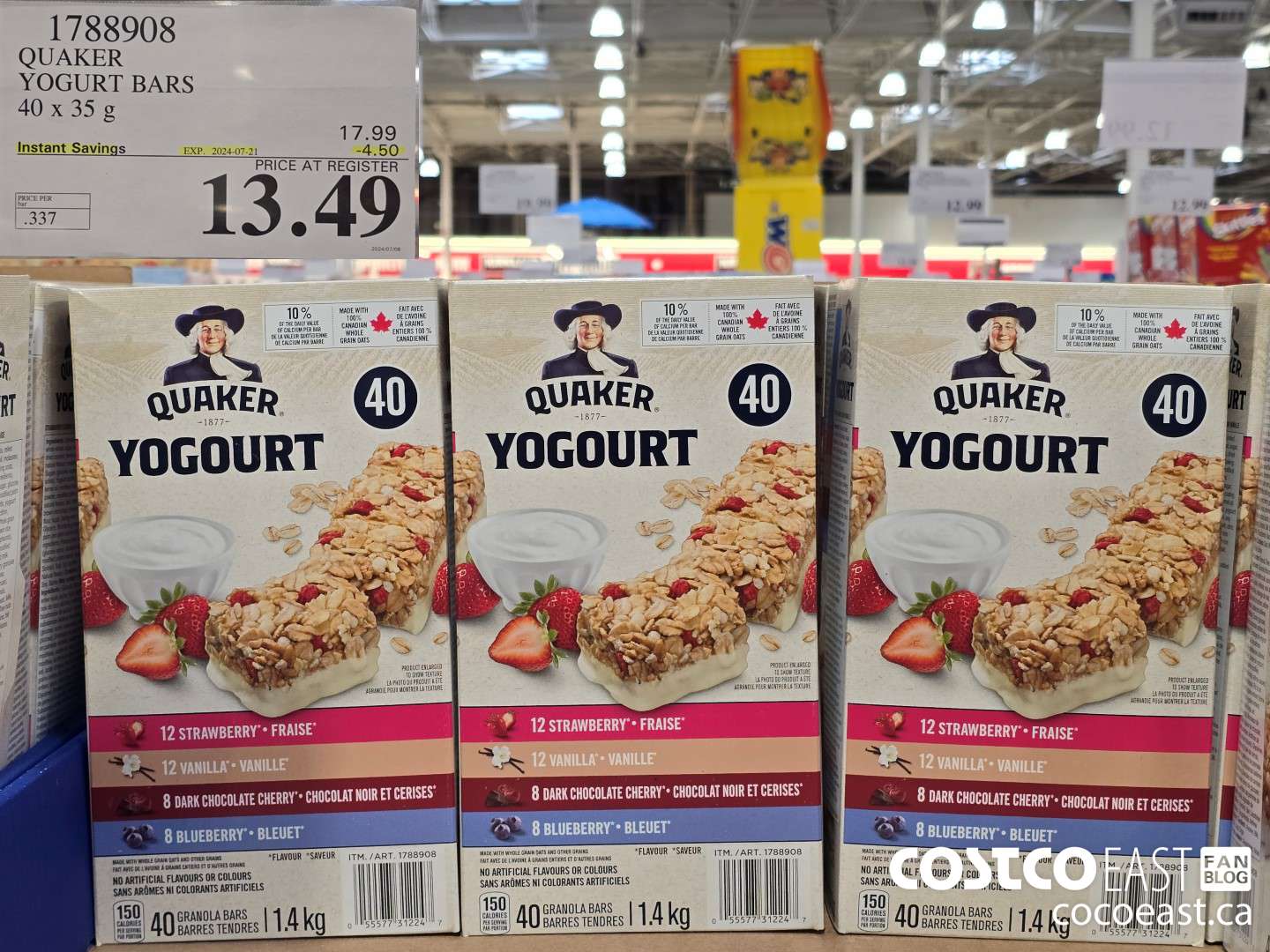 1788908 QUAKER YOGURT BARS 40 x 35g ($4.50 INSTANT SAVINGS EXPIRES ON 2024-07-21) $13.49