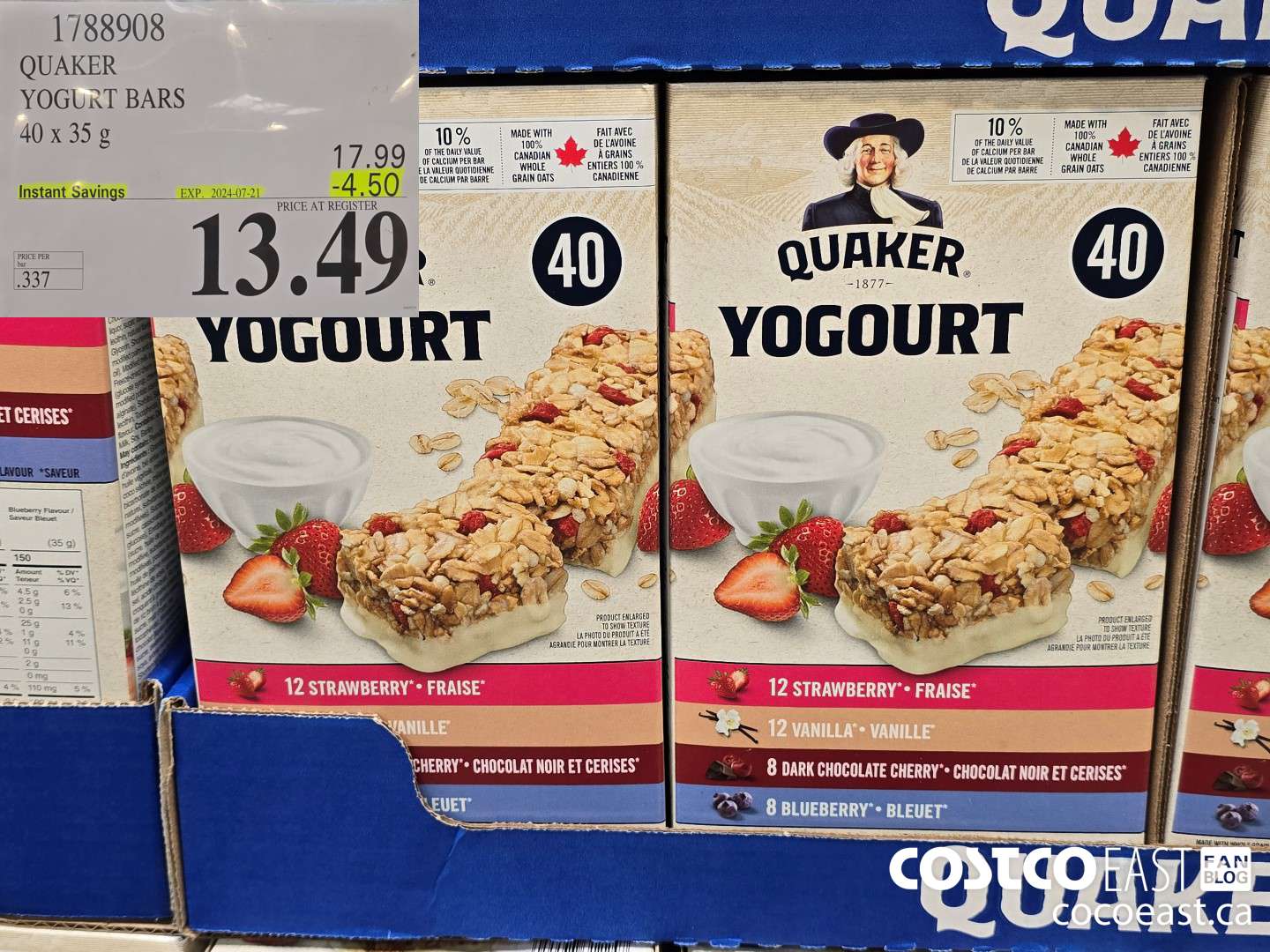 1788908 QUAKER YOGURT BARS 40 x 35g ($4.50 INSTANT SAVINGS EXPIRES ON 2024-07-21) $13.49